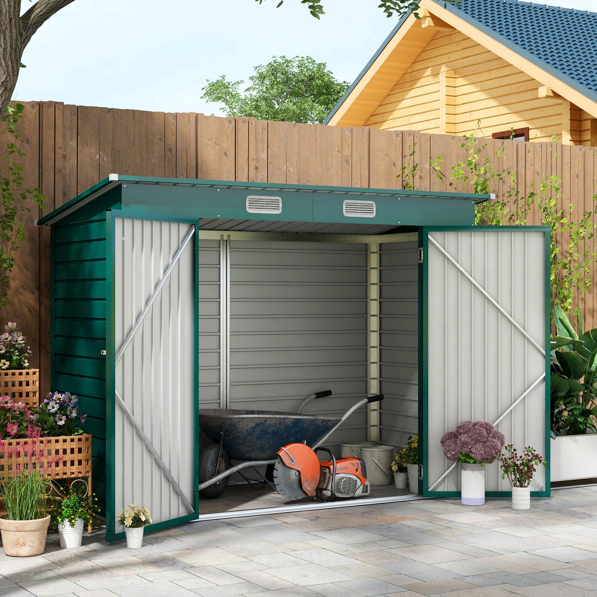 8 x 4FT Galvanised Garden Storage Shed, Metal Outdoor Shed with Double Doors and 2 Vents, Green-1