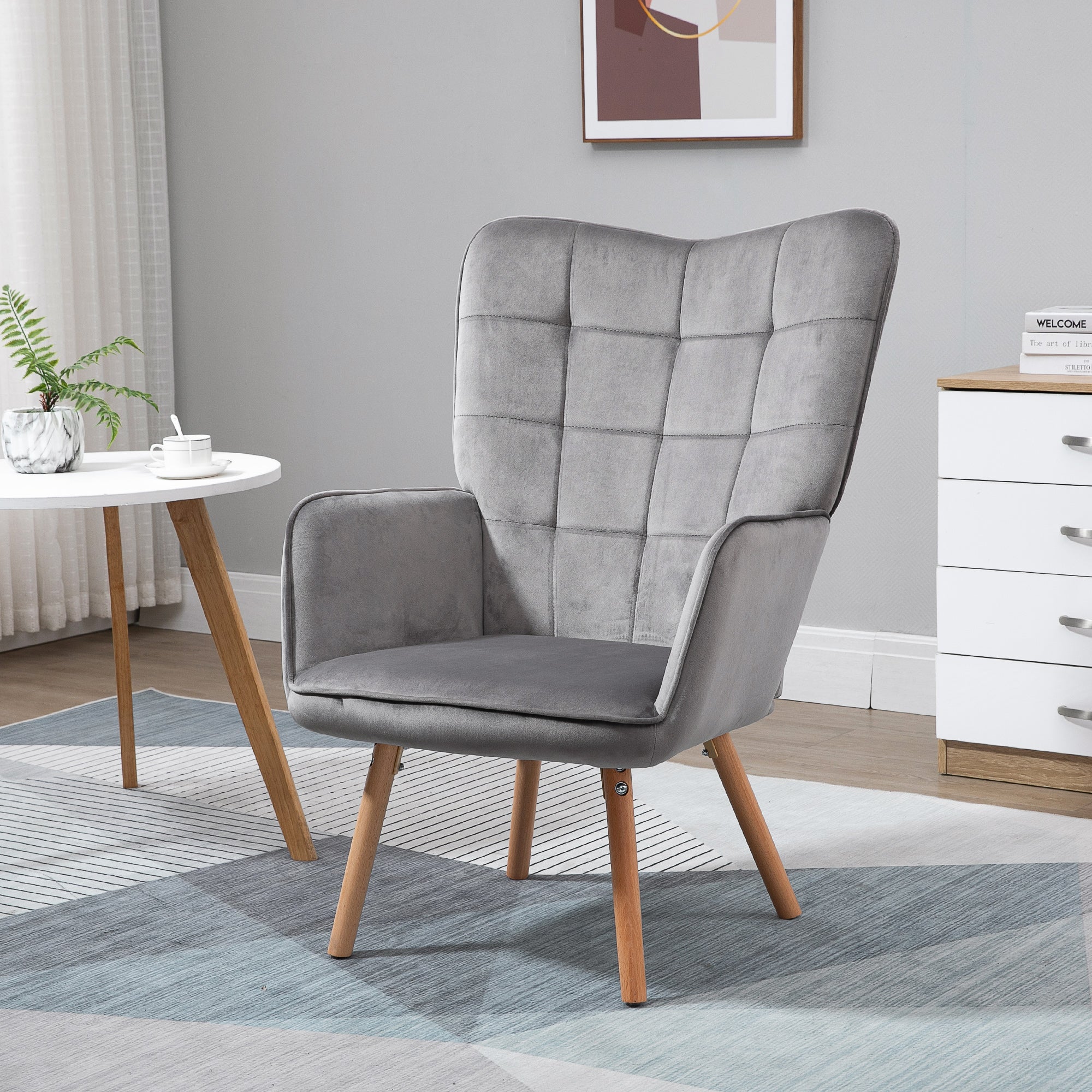 Modern Accent Chair Velvet-Touch Tufted Wingback Armchair Upholstered Leisure Lounge Sofa Club Chair with Wood Legs, Grey-1