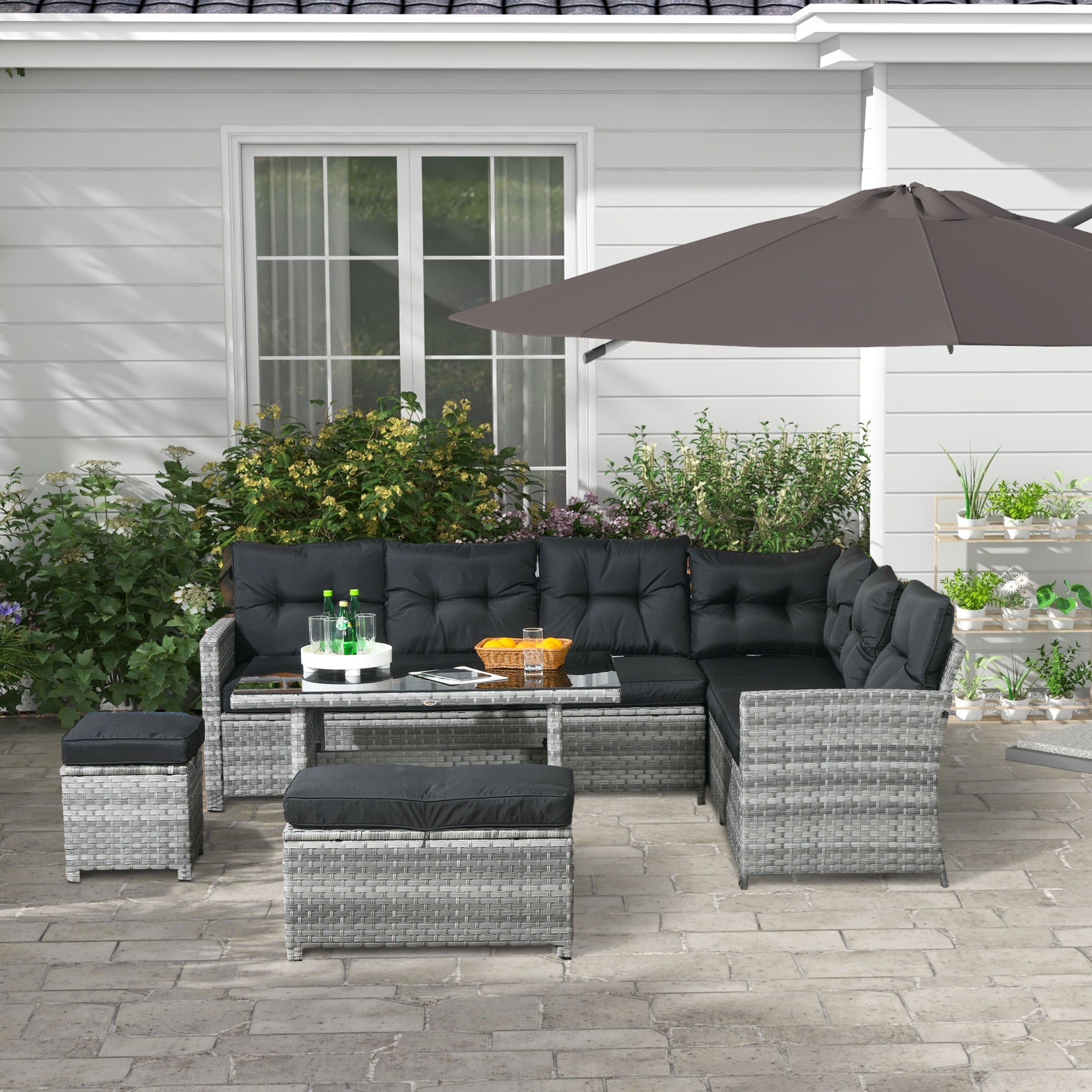 5-Piece Rattan Patio Furniture Set with Corner Sofa, Footstools, Glass Coffee Table, Cushions, Mixed Grey-1