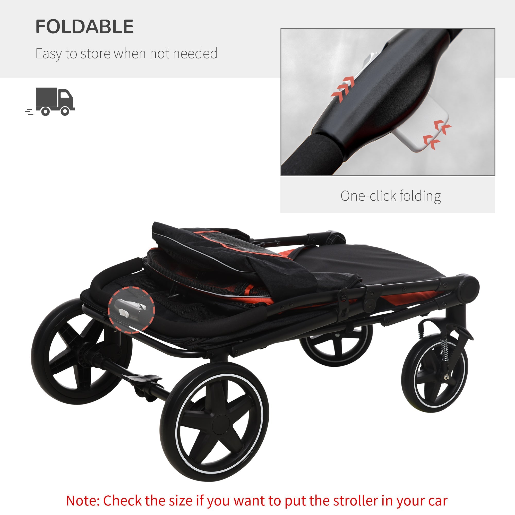 Pet Stroller with Universal Front Wheels, Shock Absorber, One Click Foldable Dog Cat Carriage with Brakes, Storage Bags, Mesh Window Red-4