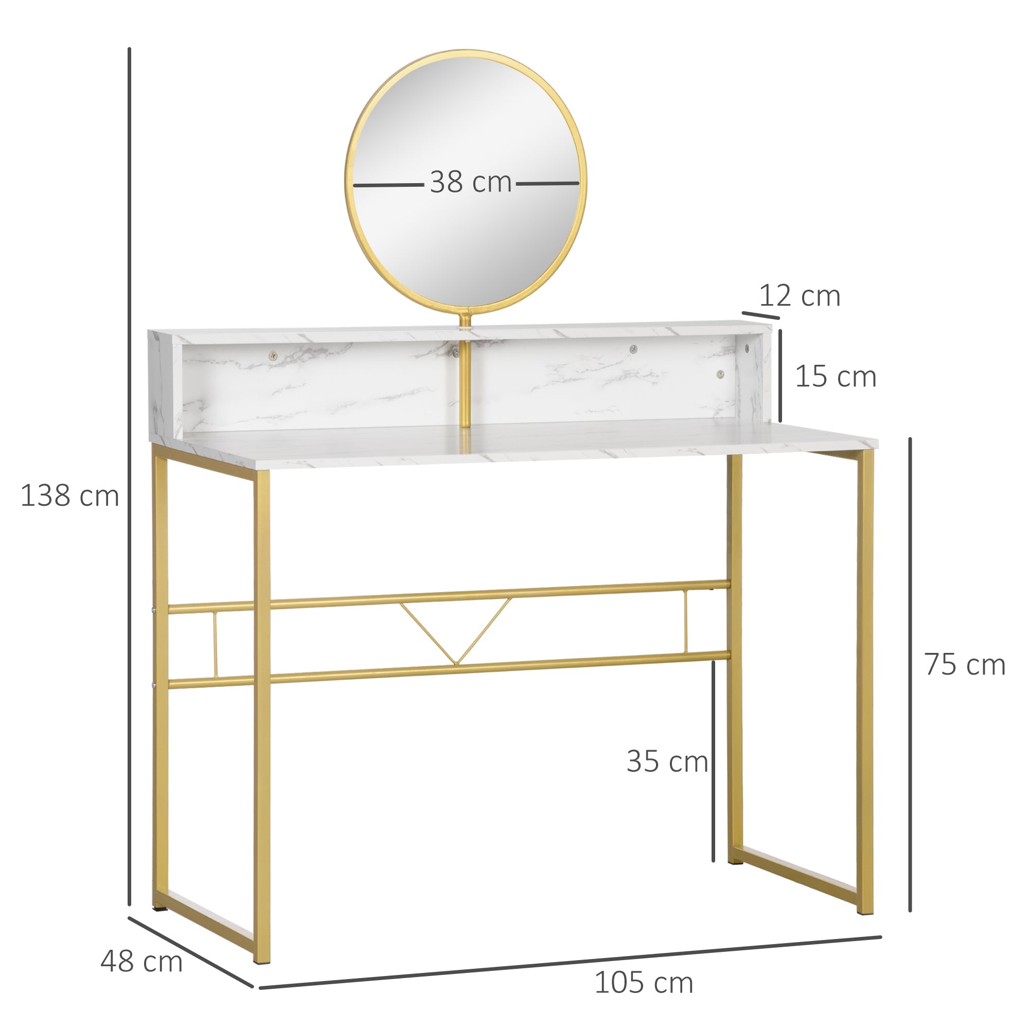 Modern Dressing Table with Round Mirror, Vanity Makeup Desk with Open Storage, Faux Marble Texture and Steel Frame for Bedroom, White-2