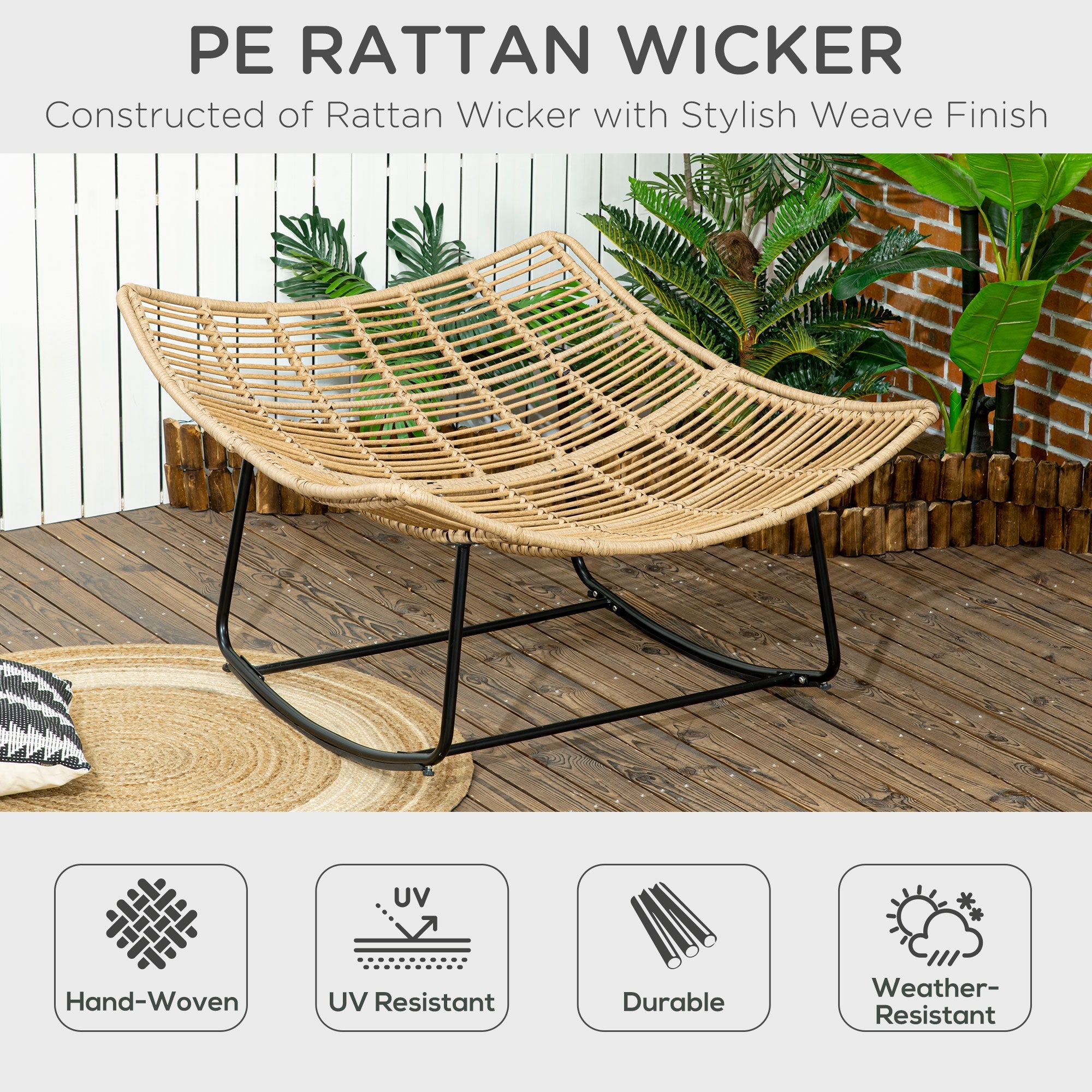 Outdoor PE Rattan Rocking Chair, Patio Luxury Round Wicker Garden Porch Furniture w/ Thick Cushion, Natural Wood Finish-3