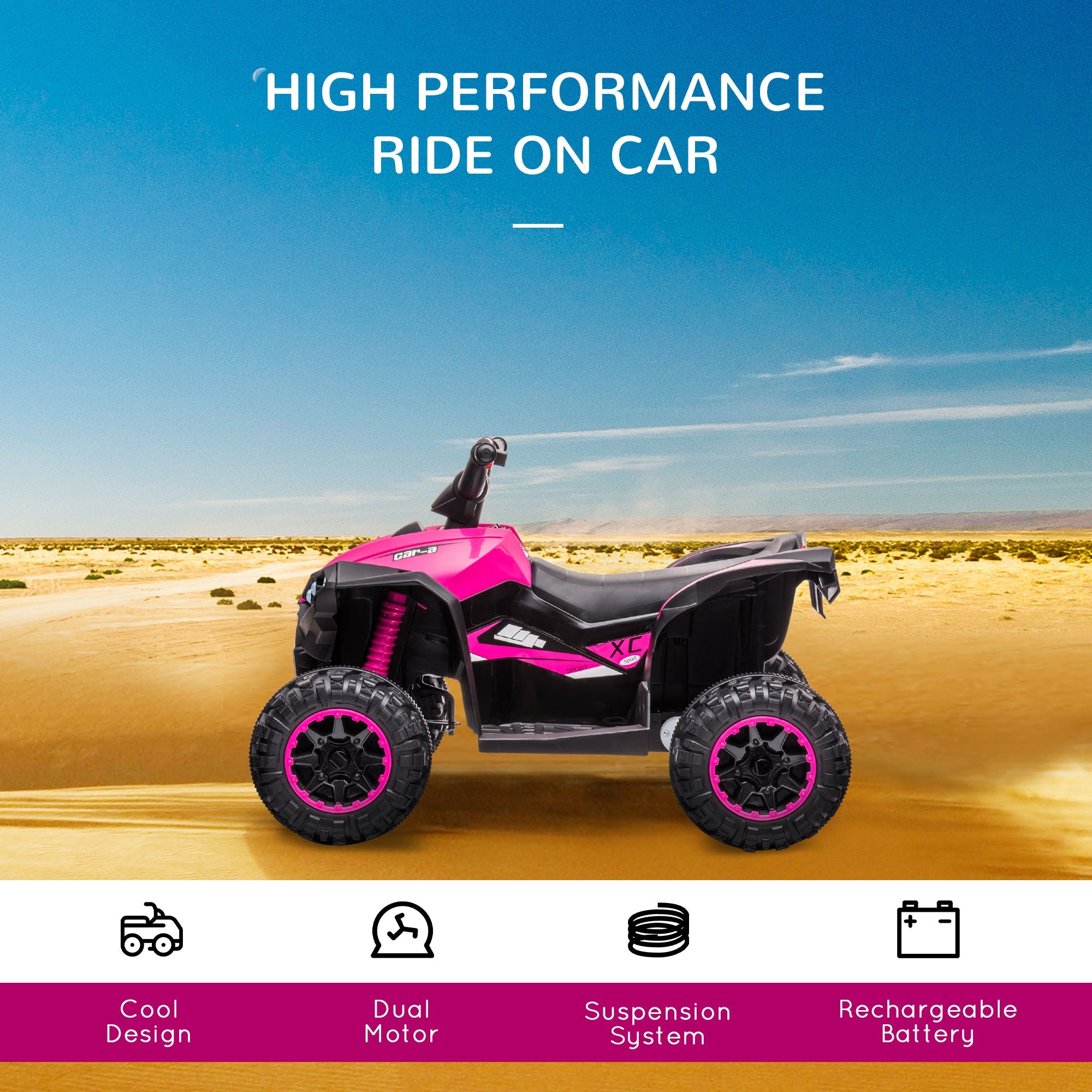 12V Quad Bike with Forward Reverse Functions, Ride on Car ATV Toy with High/Low Speed, Slow Start, Suspension System, Horn, Music, Pink-3