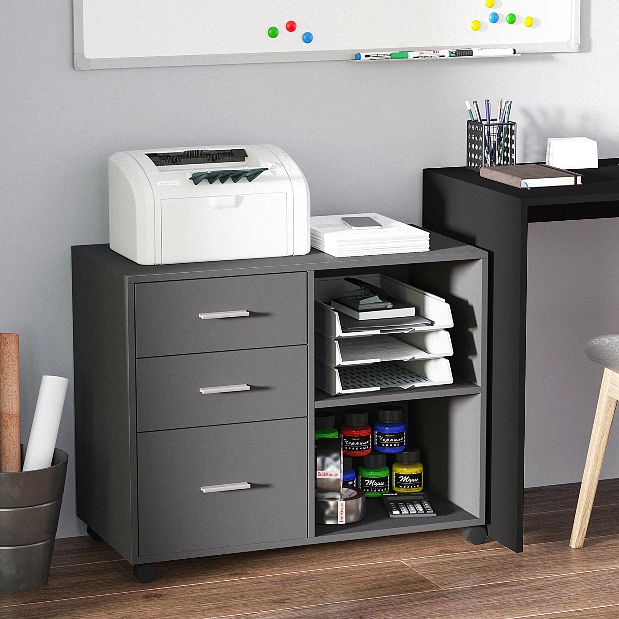 Freestanding Printer Stand Unit Office Desk Side Mobile Storage w/ Wheels 3 Drawers, 2 Open Shelves Modern Style 80L x 40W x 65H cm - Grey-1