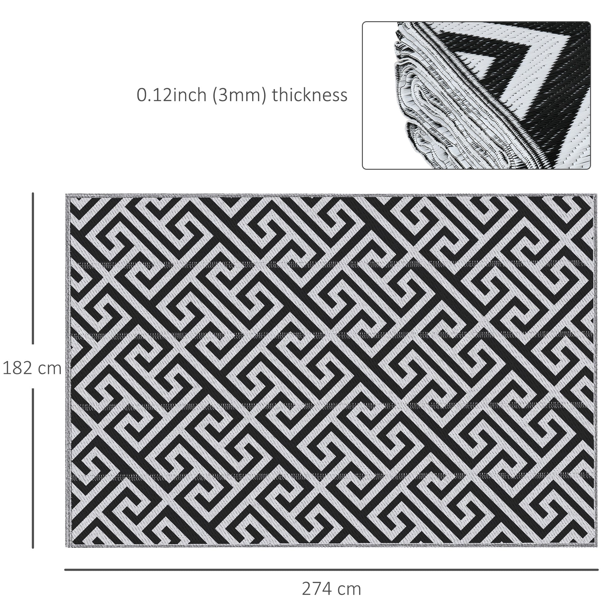 182 x 274 cm(6x9ft) Outdoor Rug Reversible Mat Plastic Straw Rug Portable RV Camping Mat for Garden Deck Picnic Indoor, Black & White-2