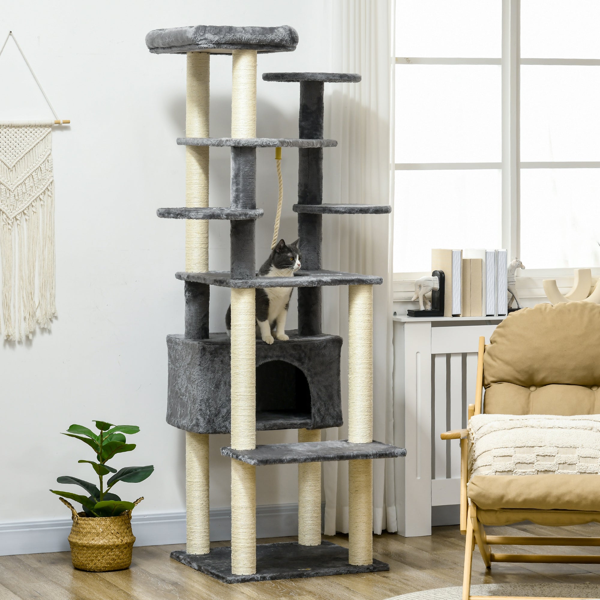 184cm Cat Tree for Indoor Cats, Multi-level Kitten Climbing Tower with Scratching Posts, Cat Bed, Condo, Perches, Hanging Play Rope, Grey-1