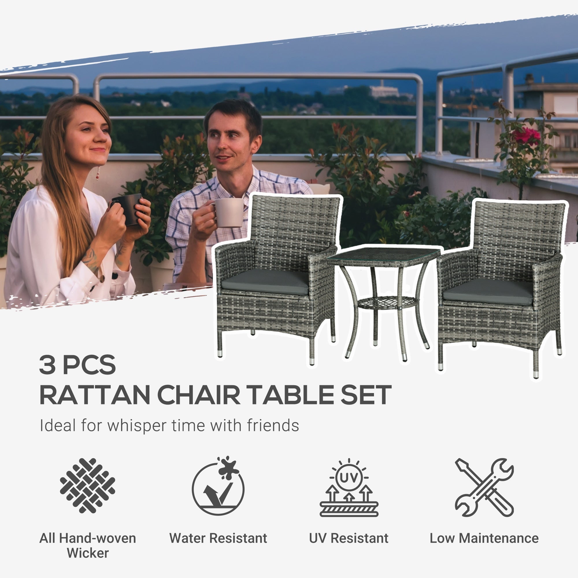 3 PCs Rattan Garden Bistro Set with Cushions Patio Weave Companion Chair Table Set Conservatory, Light Grey-3