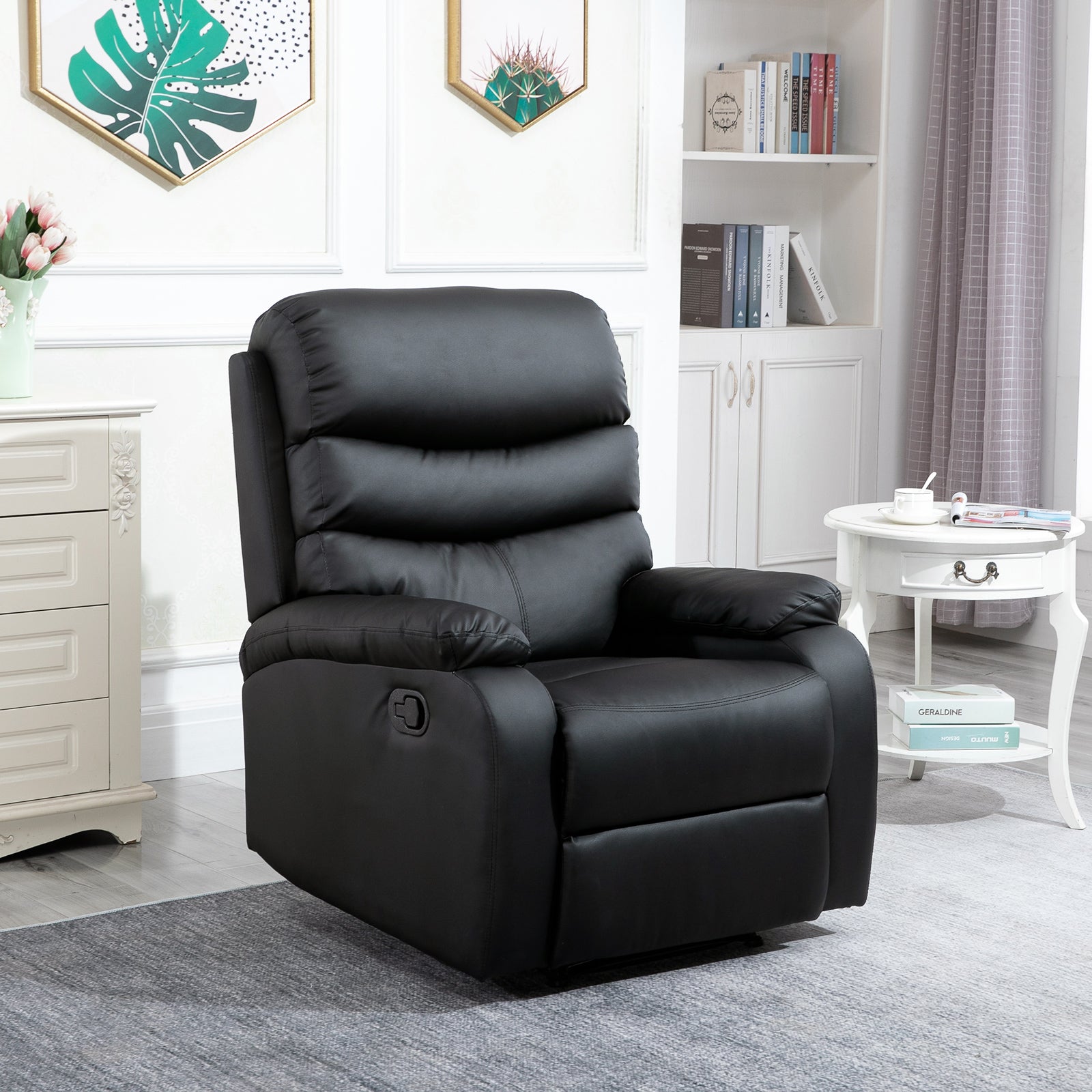 PU Leather Reclining Chair, Manual Recliner Chair with Padded Armrests, Retractable Footrest and Wood Frame, Black-1