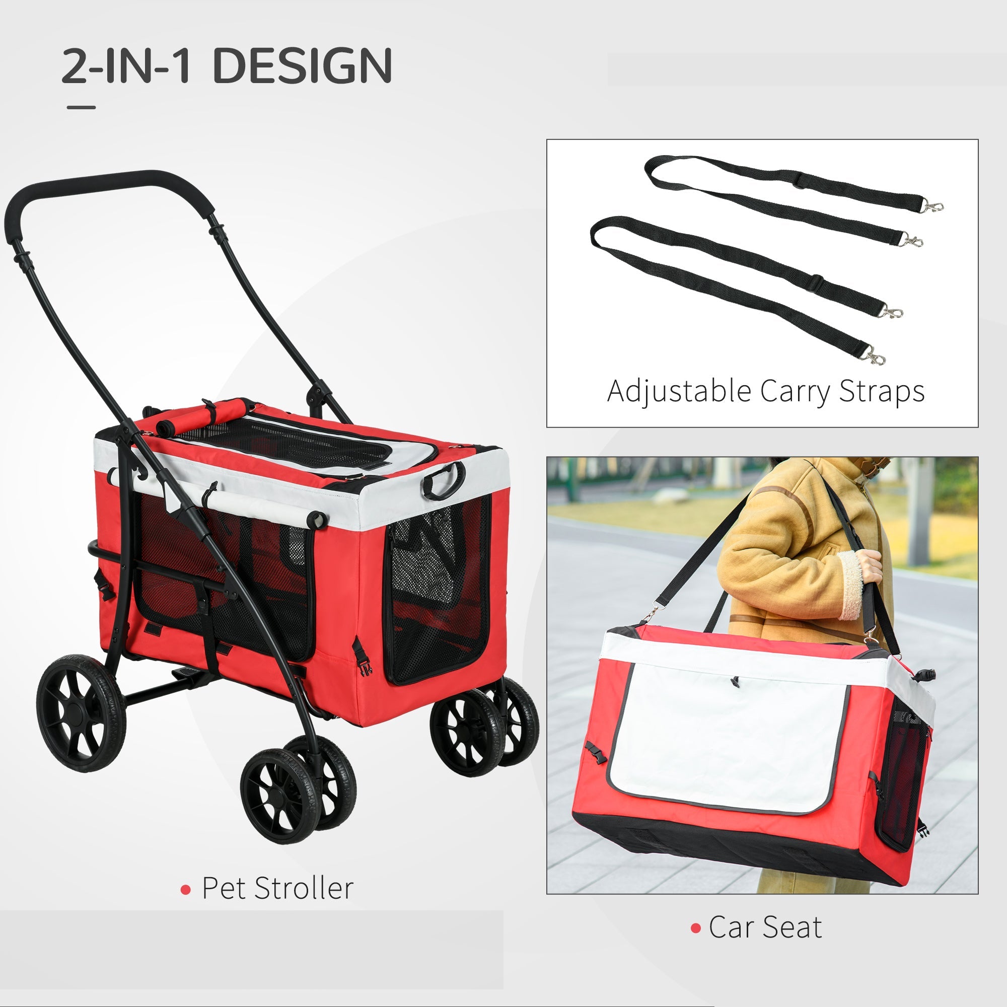 Foldable Dog Stroller, Pet Travel Crate, with Detachable Carrier, Soft Padding, for Mini, Small Dogs - Red-4