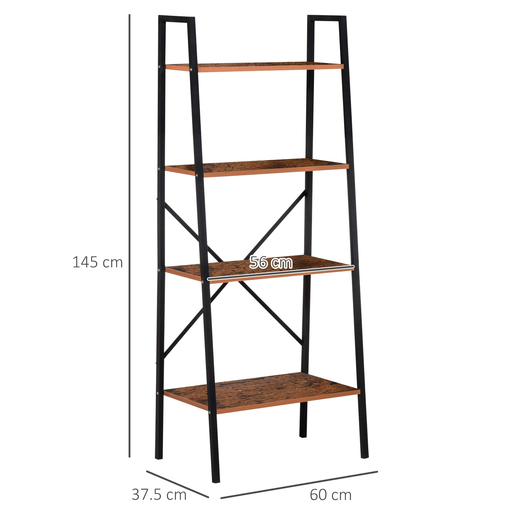 4-Tier Vintage Ladder Shelf Bookcase Wood Storage Rack Stand Plants Display Black brown-2