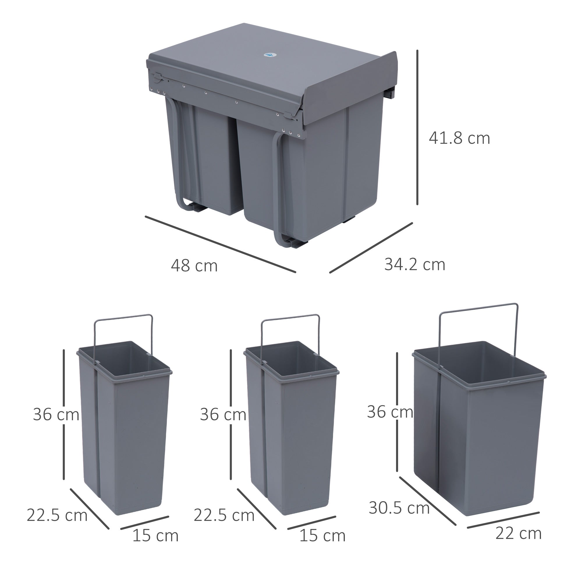 Kitchen Recycle Waste Bin Pull Out Soft Close Dustbin Recycling Cabinet Trash Can Grey (40L (1x20L+2x10L))-2