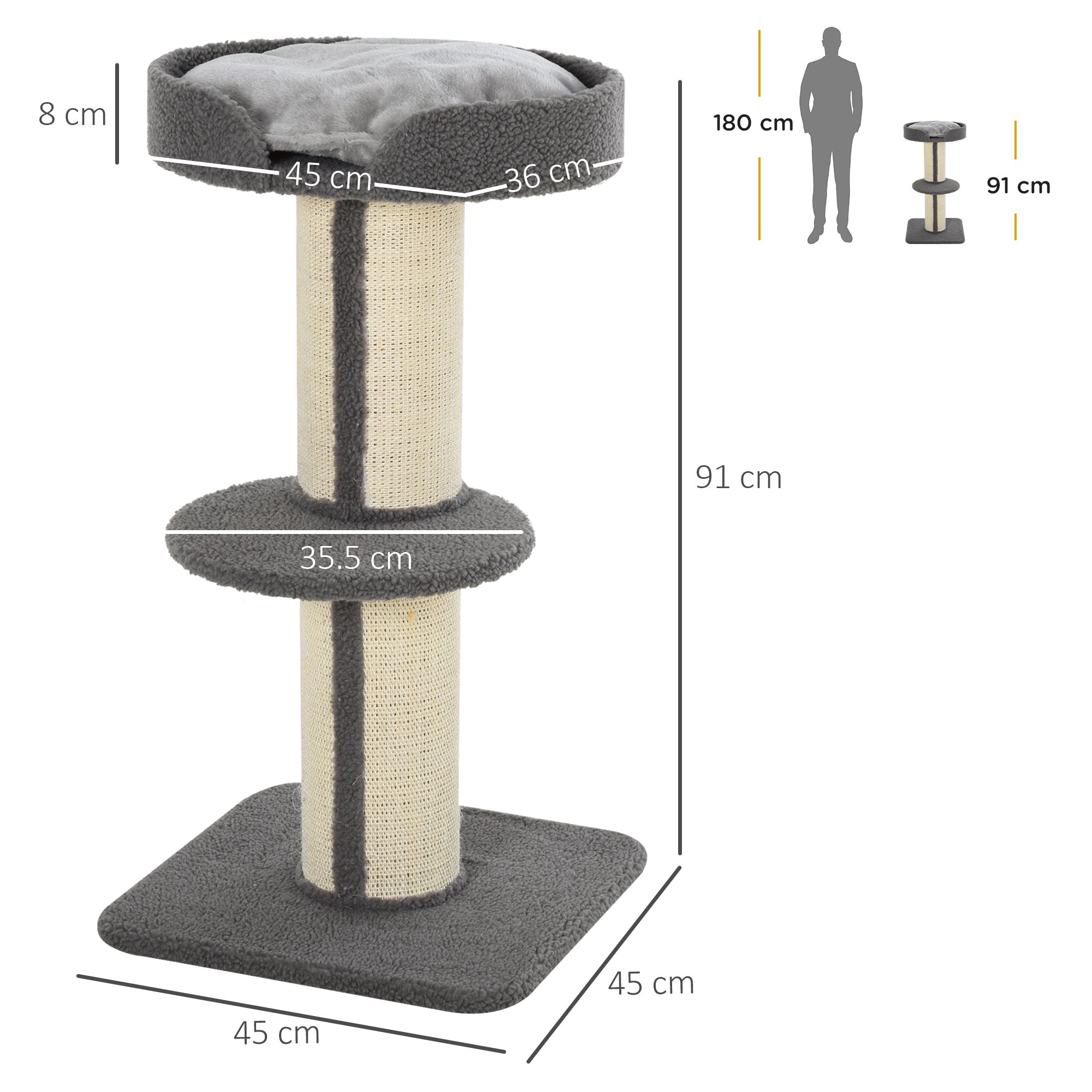 81cm Cat Tree with Sisal Scratching Post, Cat Tower Kitten Activity Center climbing frame with large platform Lamb Cashmere Perch, Grey-2