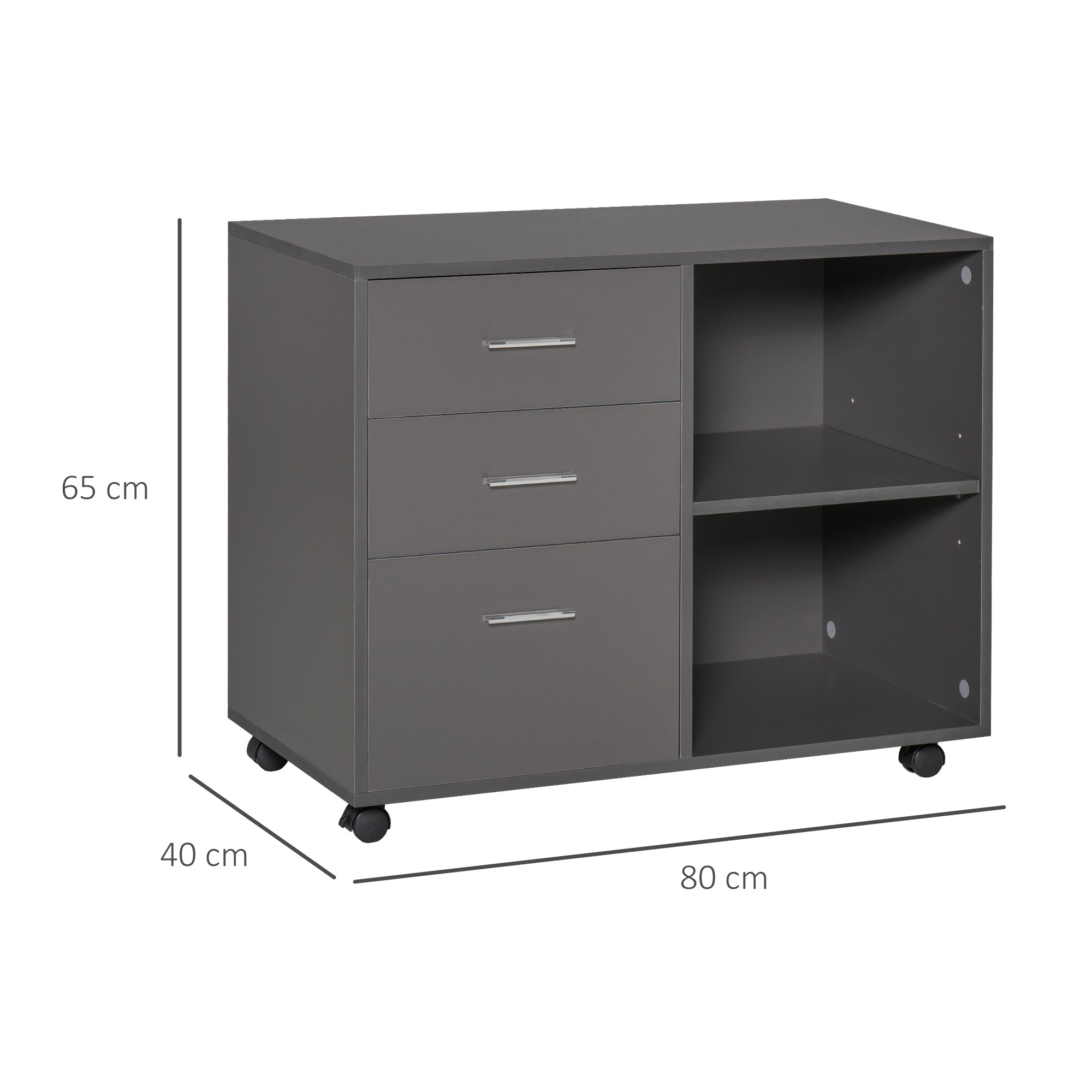 Freestanding Printer Stand Unit Office Desk Side Mobile Storage w/ Wheels 3 Drawers, 2 Open Shelves Modern Style 80L x 40W x 65H cm - Grey-2