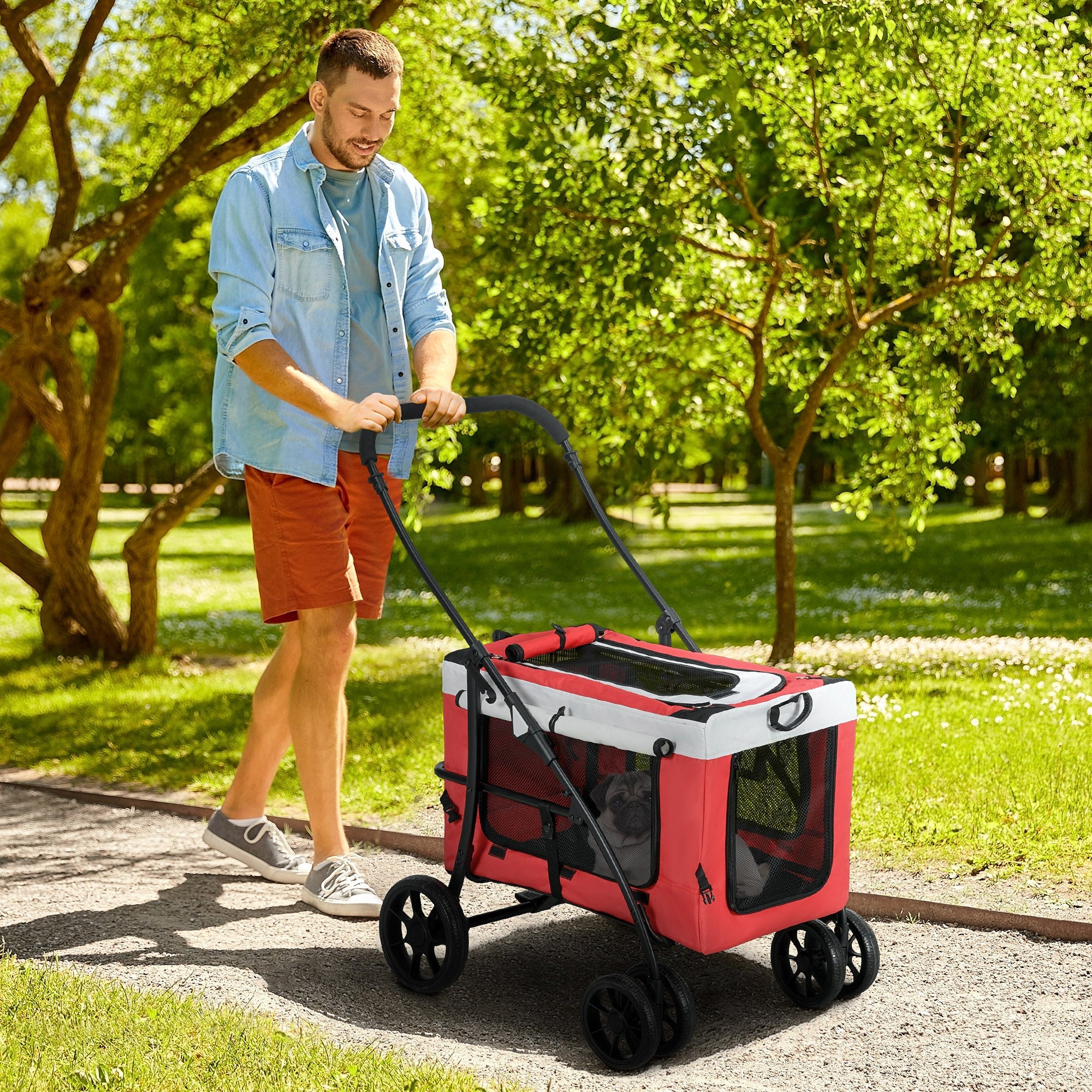 Foldable Dog Stroller, Pet Travel Crate, with Detachable Carrier, Soft Padding, for Mini, Small Dogs - Red-1