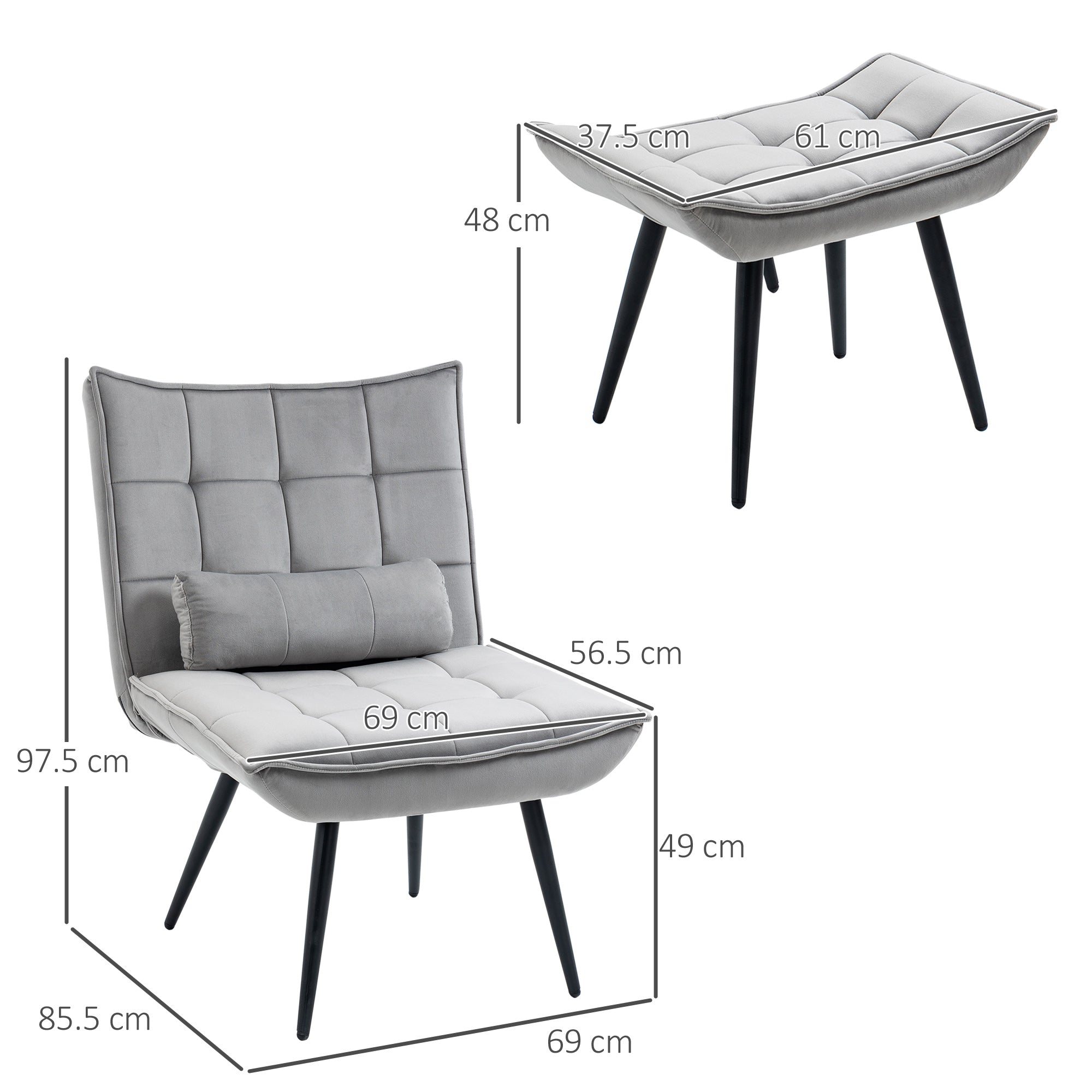Armless Accent Chair w/ Footstool Set, Modern Tufted Upholstered Lounge Chair w/ Pillow, Steel Legs, Grey-2