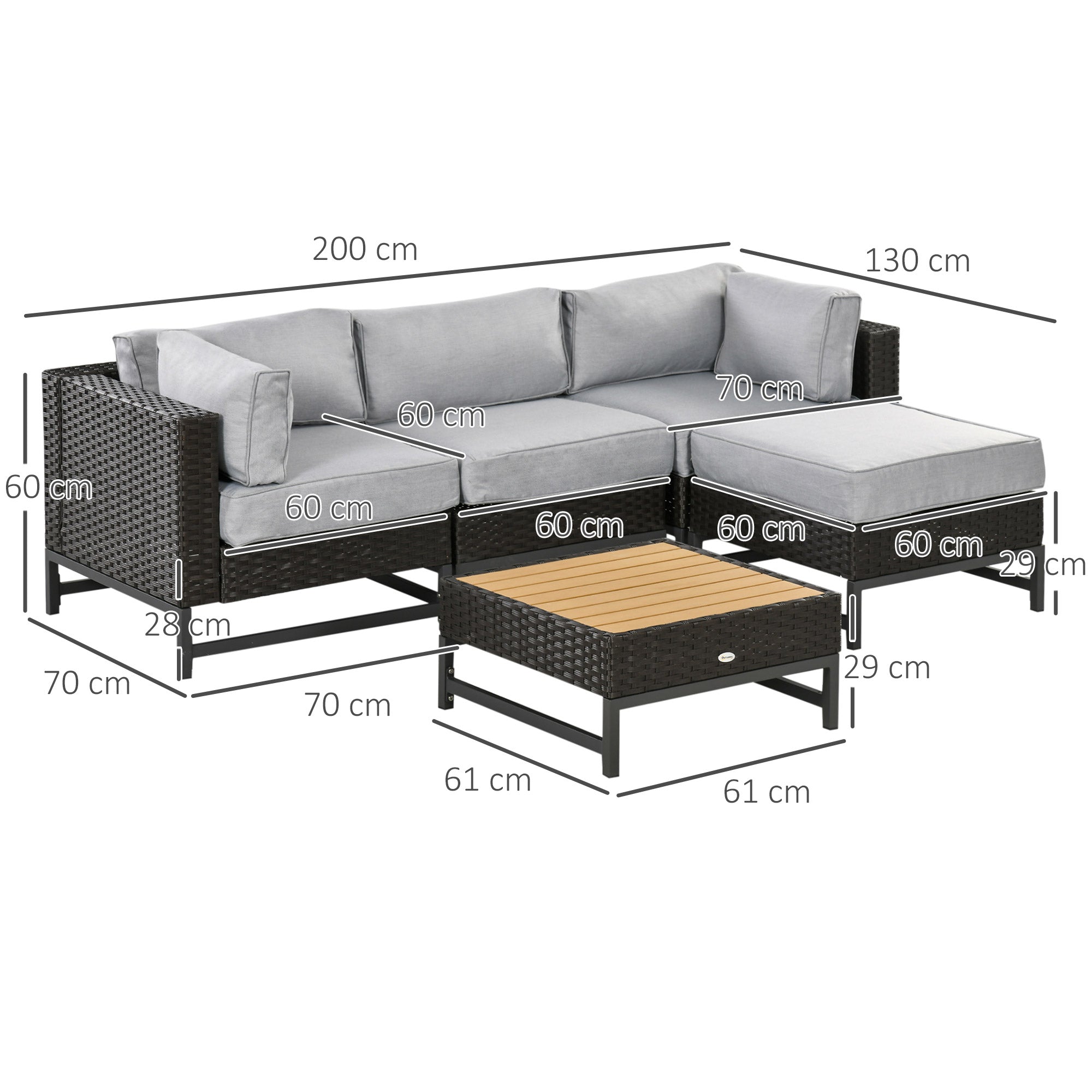 5 Pieces Outdoor PE Rattan Corner Sofa, Patio Wicker Woven Rattan Garden Furniture w/ Thick Padded Cushions, Wood Grain Plastic Top Table-2