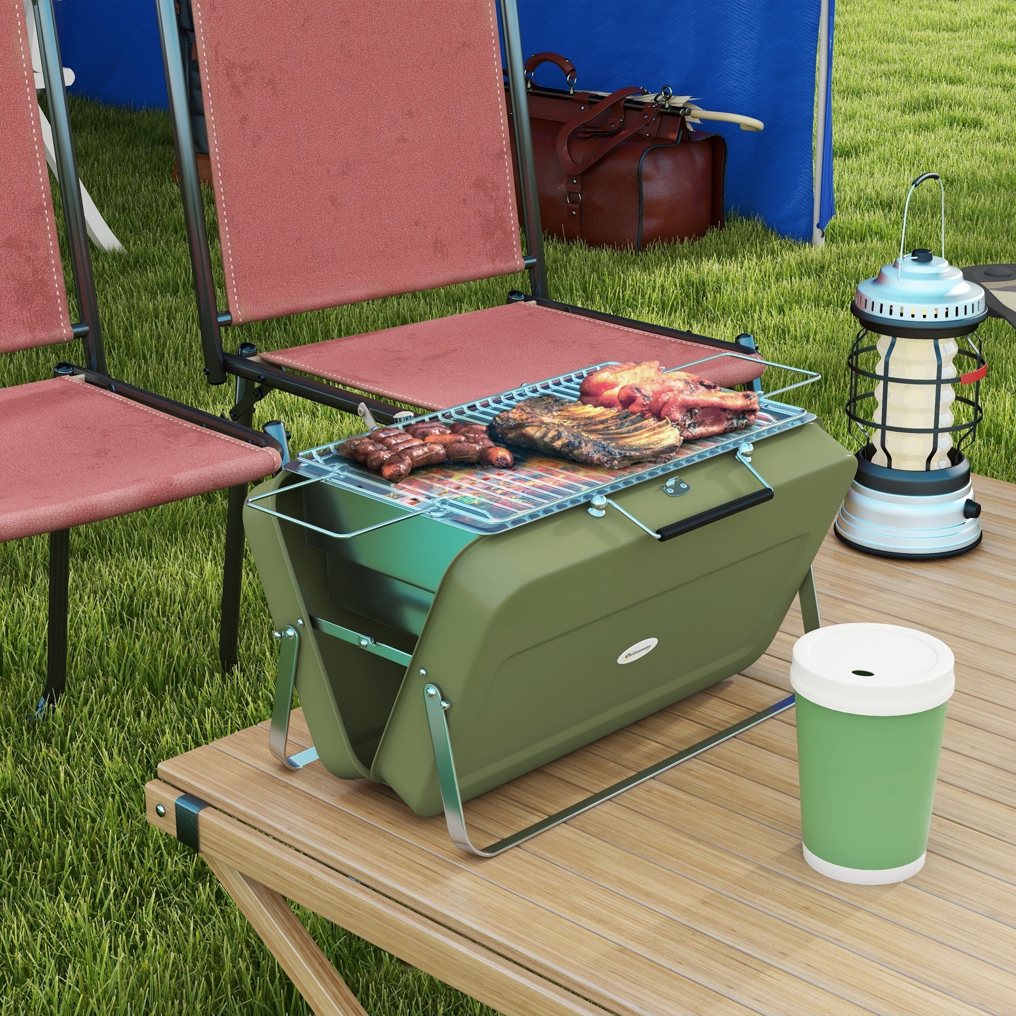 Foldable Suitcase Design Mini Charcoal Barbecue Grill BBQ, Green-1