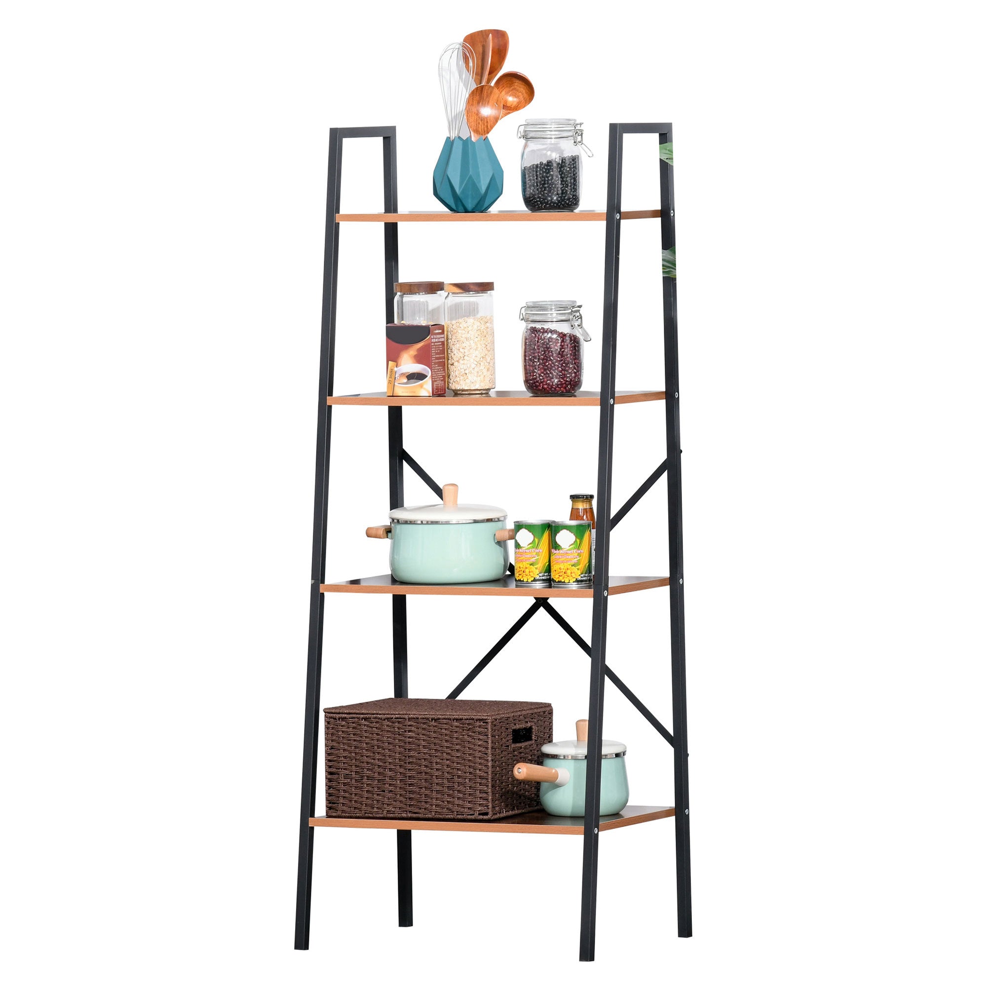 4-Tier Vintage Ladder Shelf Bookcase Wood Storage Rack Stand Plants Display Black brown-0