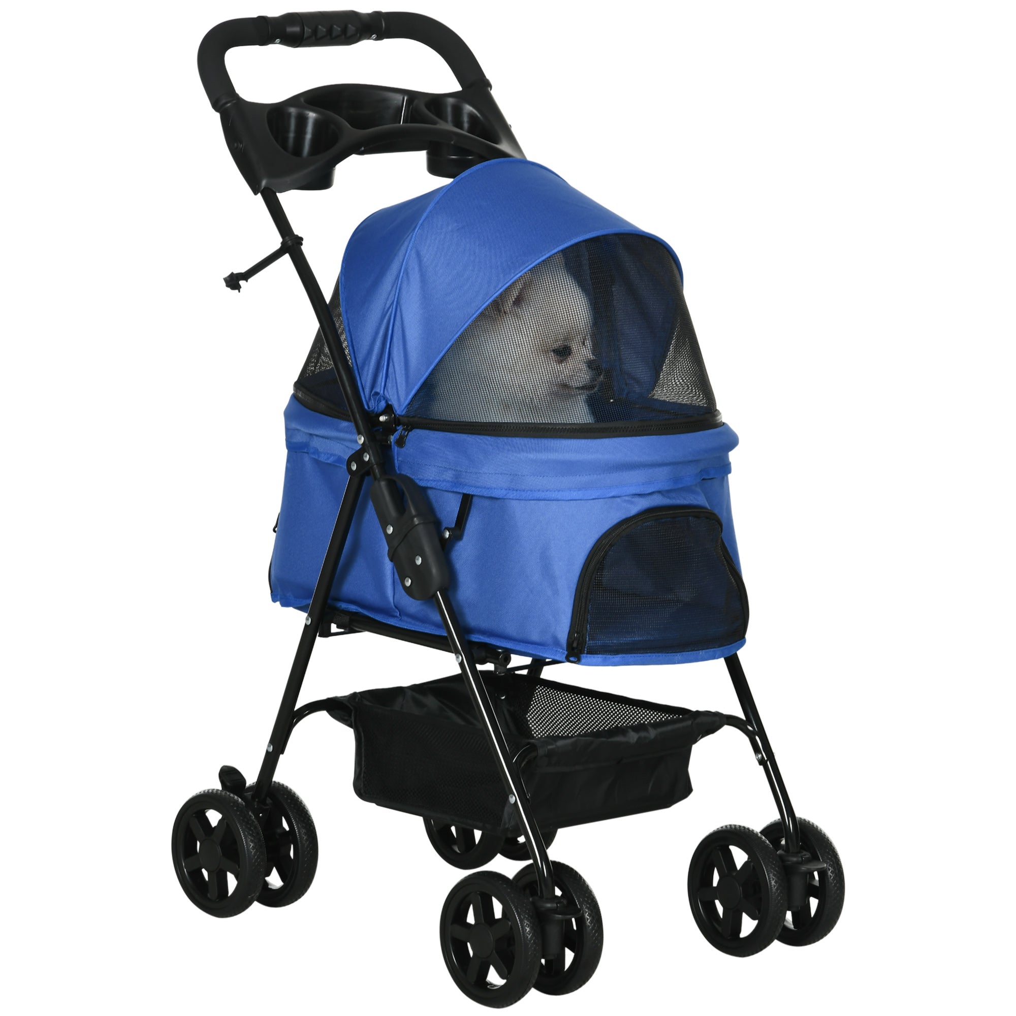 Pet Stroller Dog Cat Travel Pushchair One-Click Fold Trolley Jogger with EVA Wheels Brake Basket Adjustable Canopy Safety Leash Blue-0
