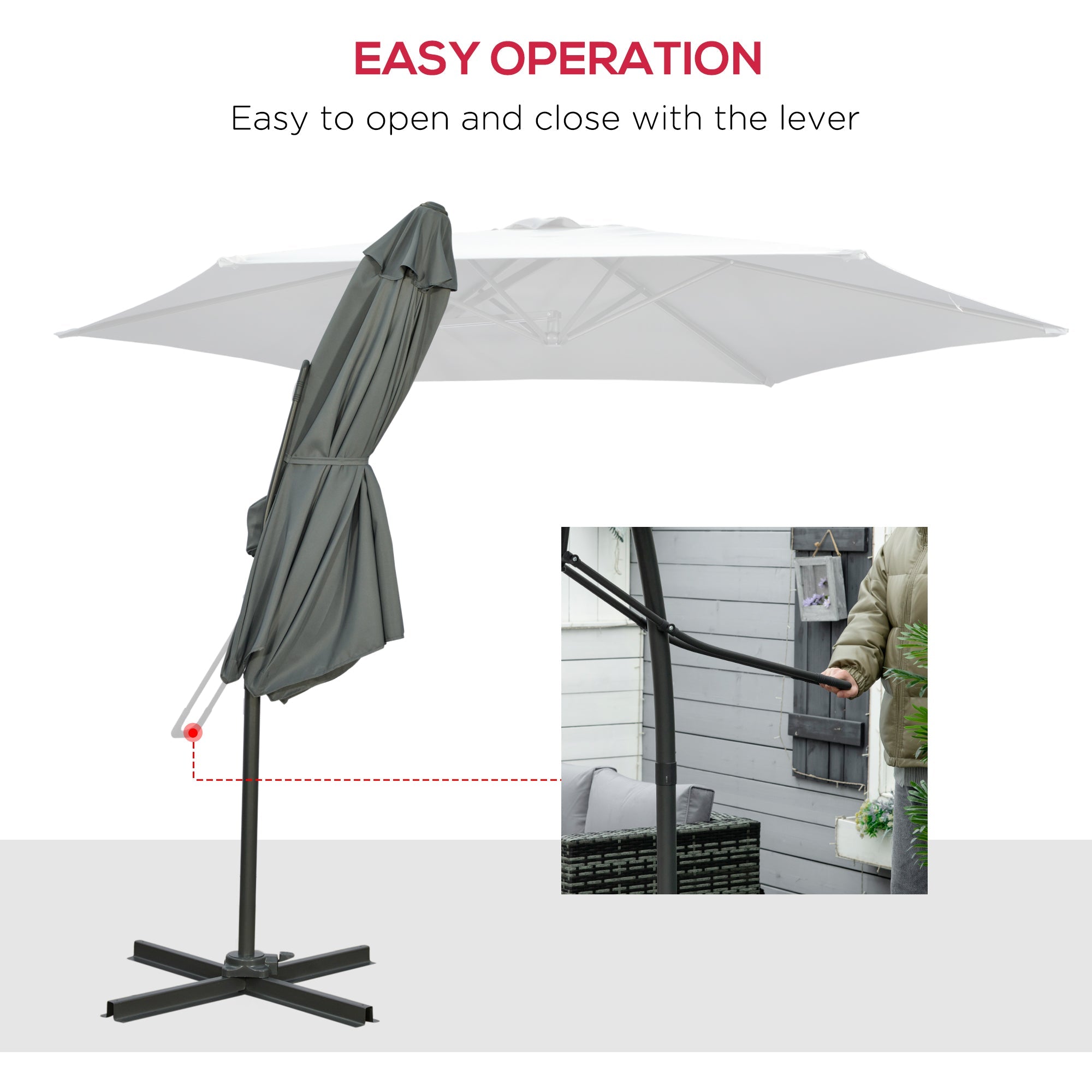 3m Cantilever Parasol with Easy Lever, Patio Umbrella with Crank Handle, Cross Base and 6 Metal Ribs, Outdoor Sun Shades for Garden, Grey-3