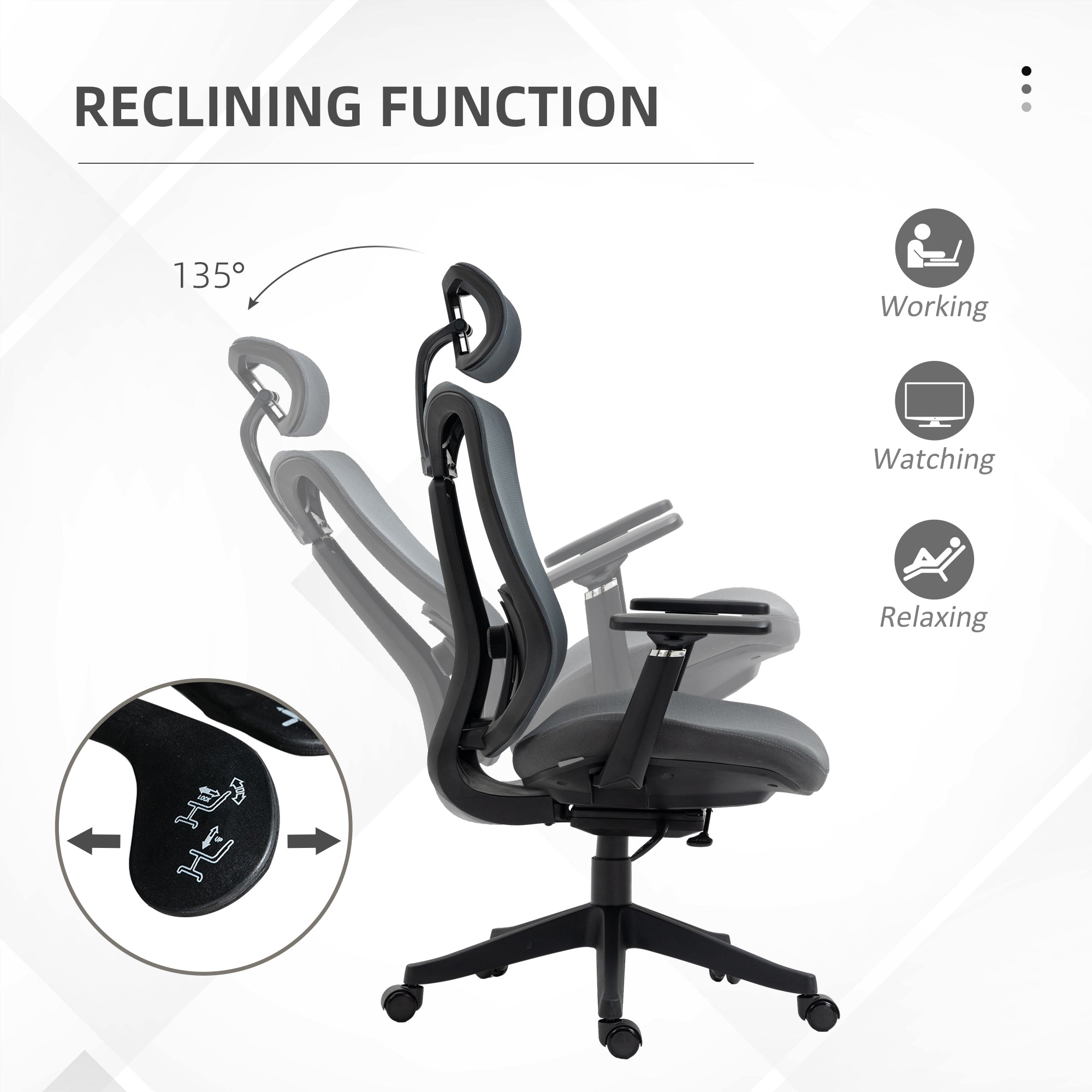 Mesh Office Chair, Reclining Desk Chair with Adjustable Headrest, Lumbar Support, 3D Armrest, Sliding Seat, Swivel Wheels, Grey-4
