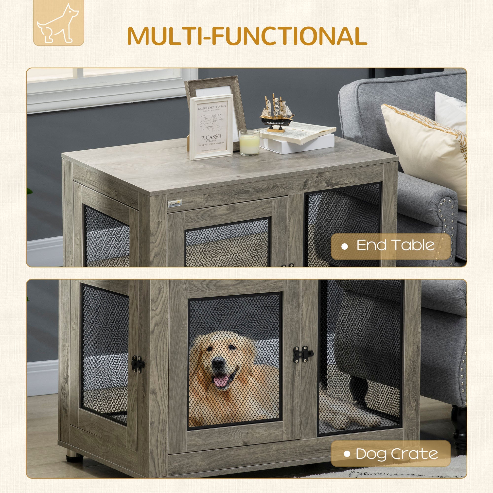 Two-In-One Dog Cage & Side Table, with Two Doors, Cushion, for Large Dogs-4