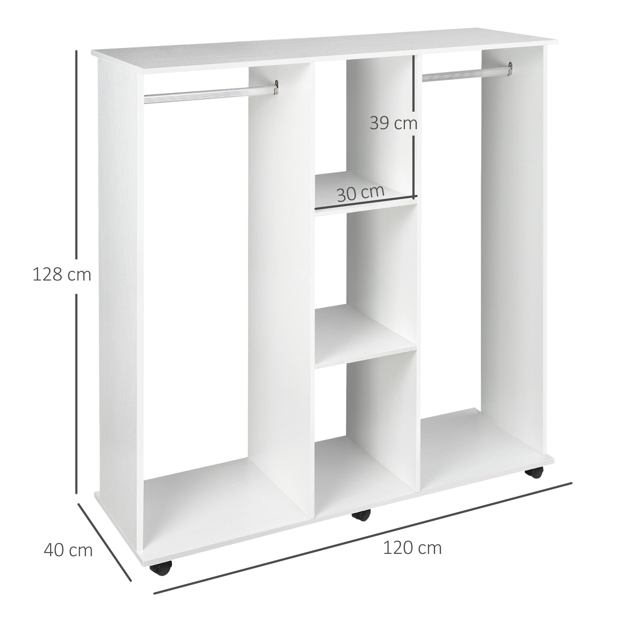 Double Mobile Open Wardrobe With Clothes Hanging Rails Storage Shelves Organizer Bedroom Furniture - White-2