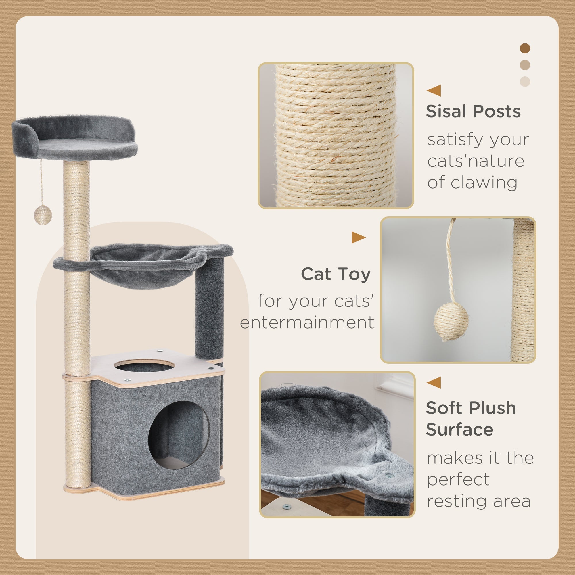 Cat Tree Cat Tower 95cm Climbing Kitten Activity Center with Sisal Scratching Post Perch Roomy Condo Hammock, Grey-4