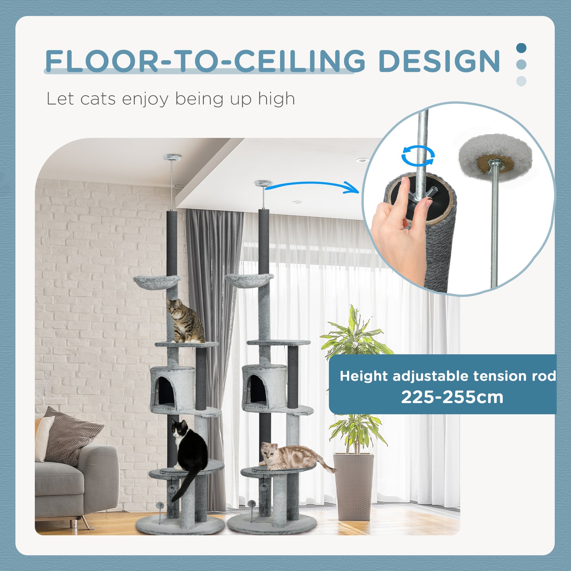 255cm Floor to Ceiling Cat Tree with Scratching Posts, Height Adjustable Cat Tower with Hammock, House, Anti-tipping Kit, Perches, Toys, Grey-3