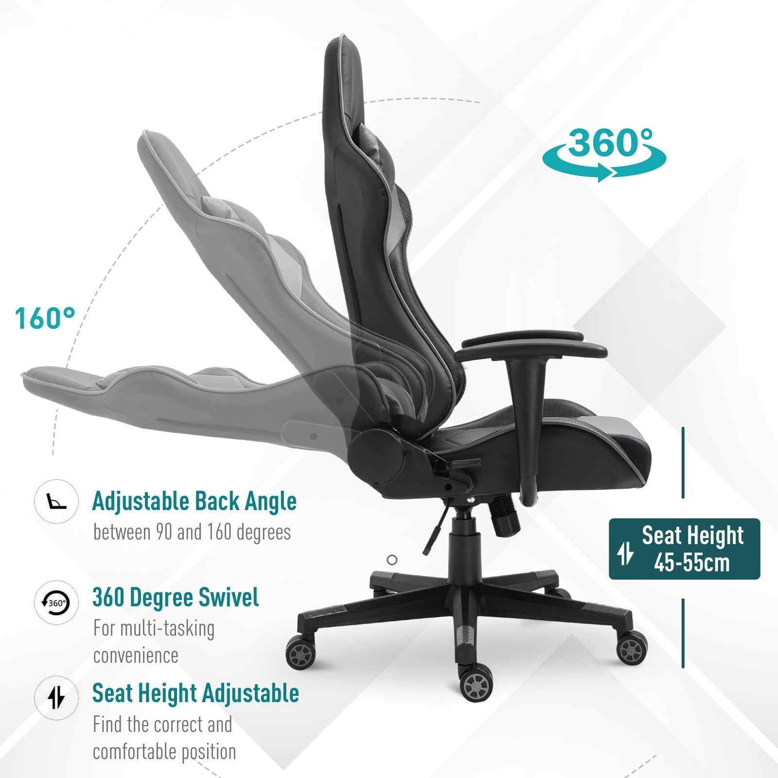 High Back Racing Gaming Chair, PU Leather Reclining Computer Chair with Head Pillow and Lumbar Support, Black-3