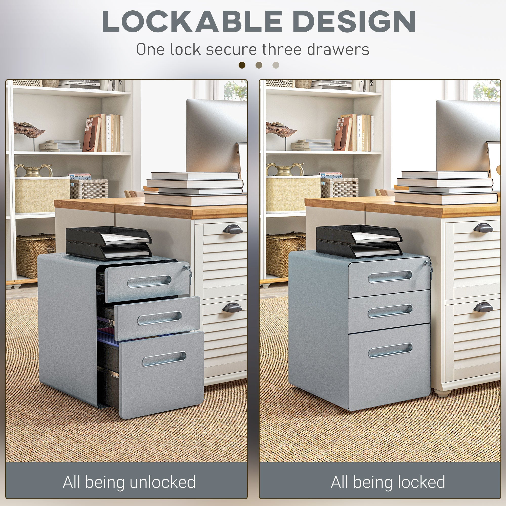 Lockable Cabinet, Rolling Filing Cabinet with 3 Drawers, Steel Office Drawer Unit for A4, Letter, Legal Sized Files-3