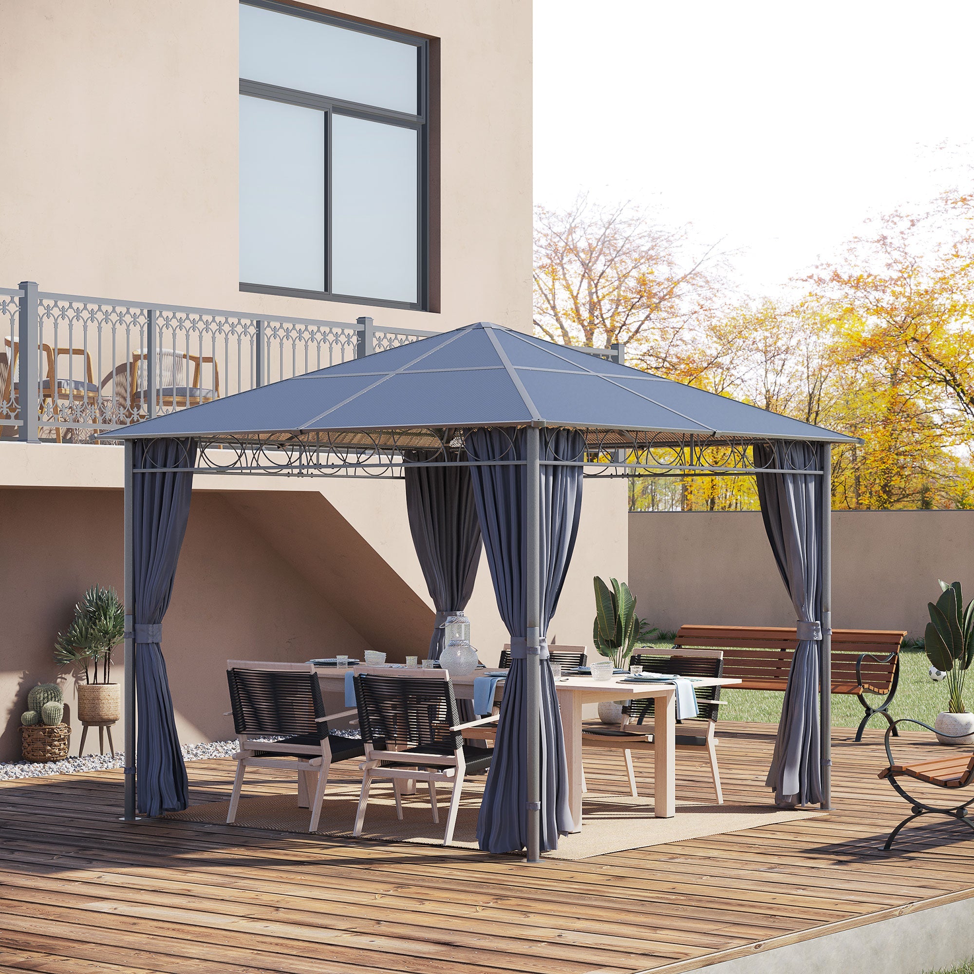 3 x 3(m) Hardtop Gazebo with UV Resistant Polycarbonate Roof, Steel & Aluminum Frame, Garden Pavilion with Curtains, Grey-1