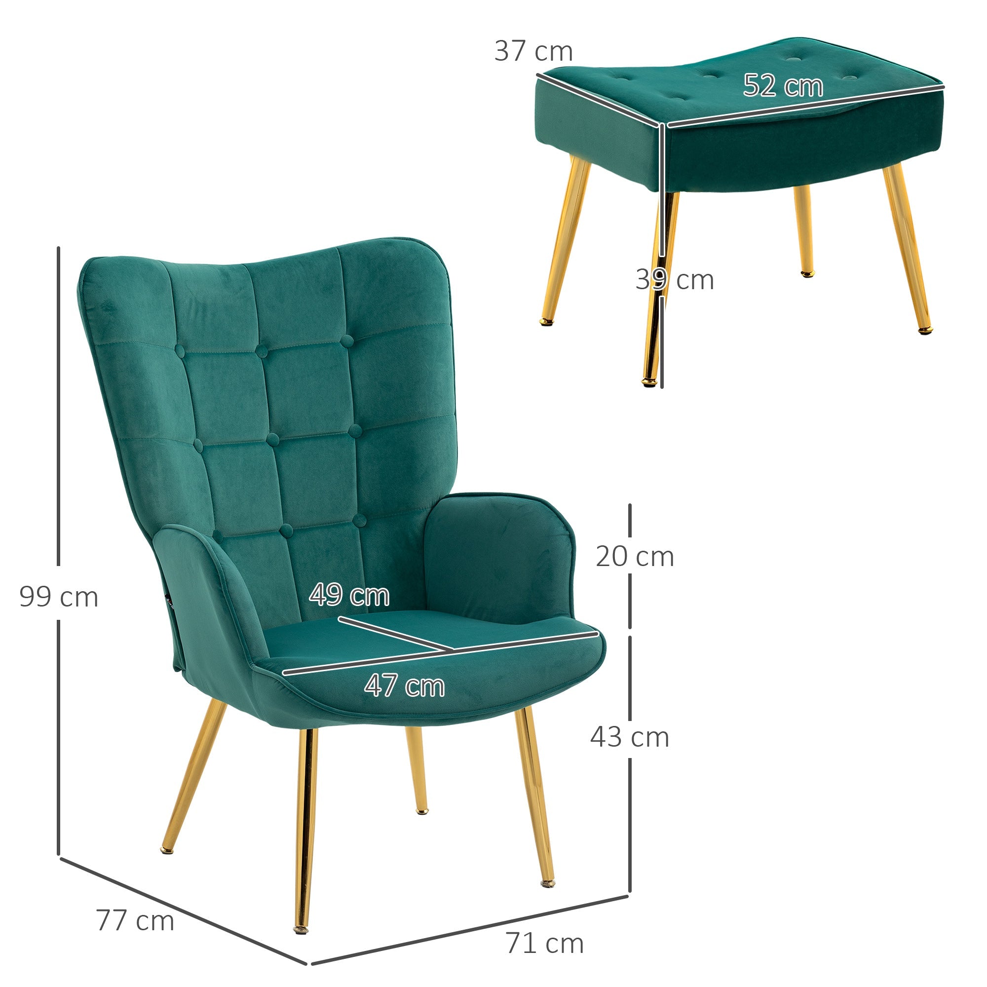 Upholstered Armchair w/ Footstool Set, Modern Button Tufted Accent Chair w/ Gold Tone Steel Legs, Wingback Chair, Dark Green-2