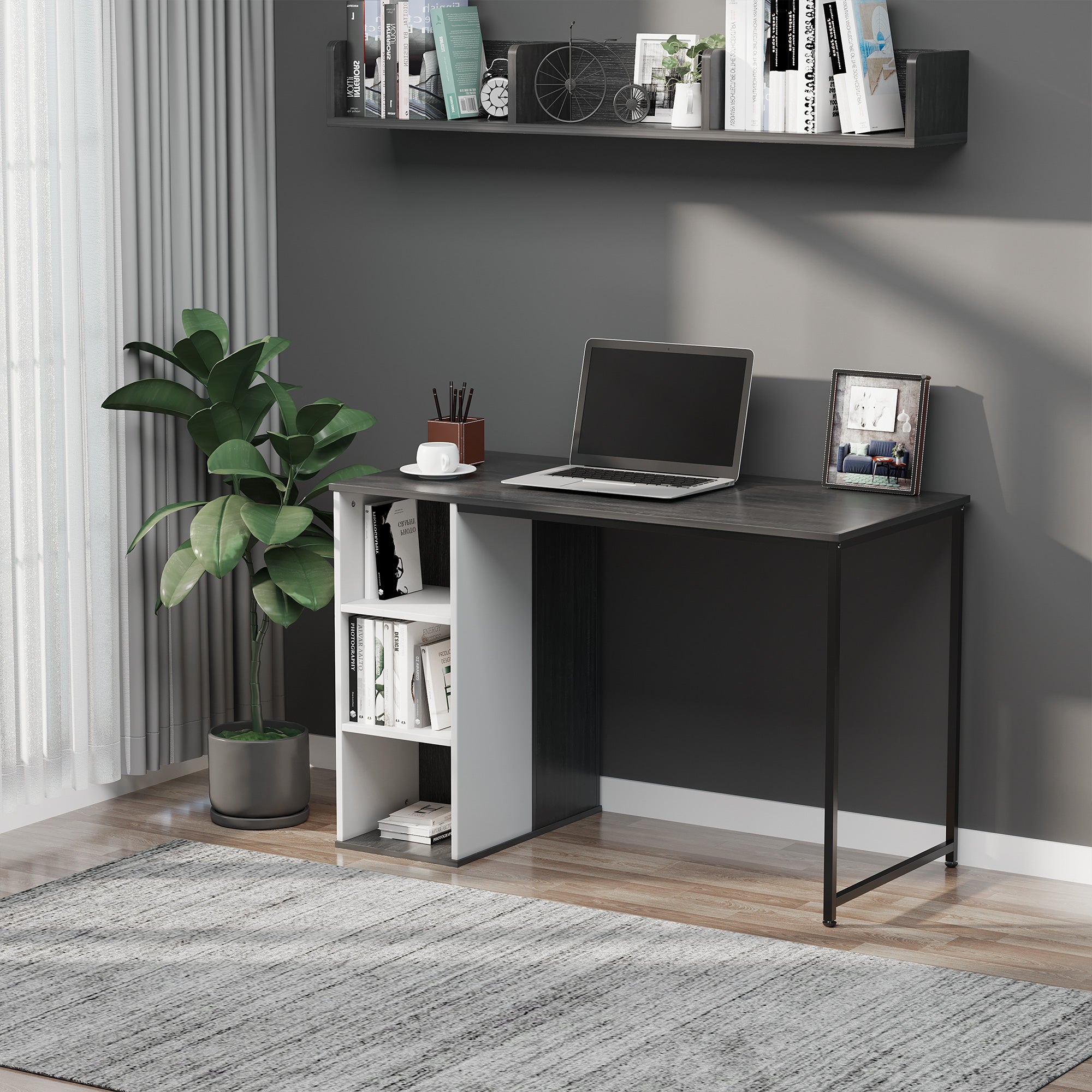 Home Office Computer Desk with Storage Shelves Study Writing Table Workstation, Grey-1