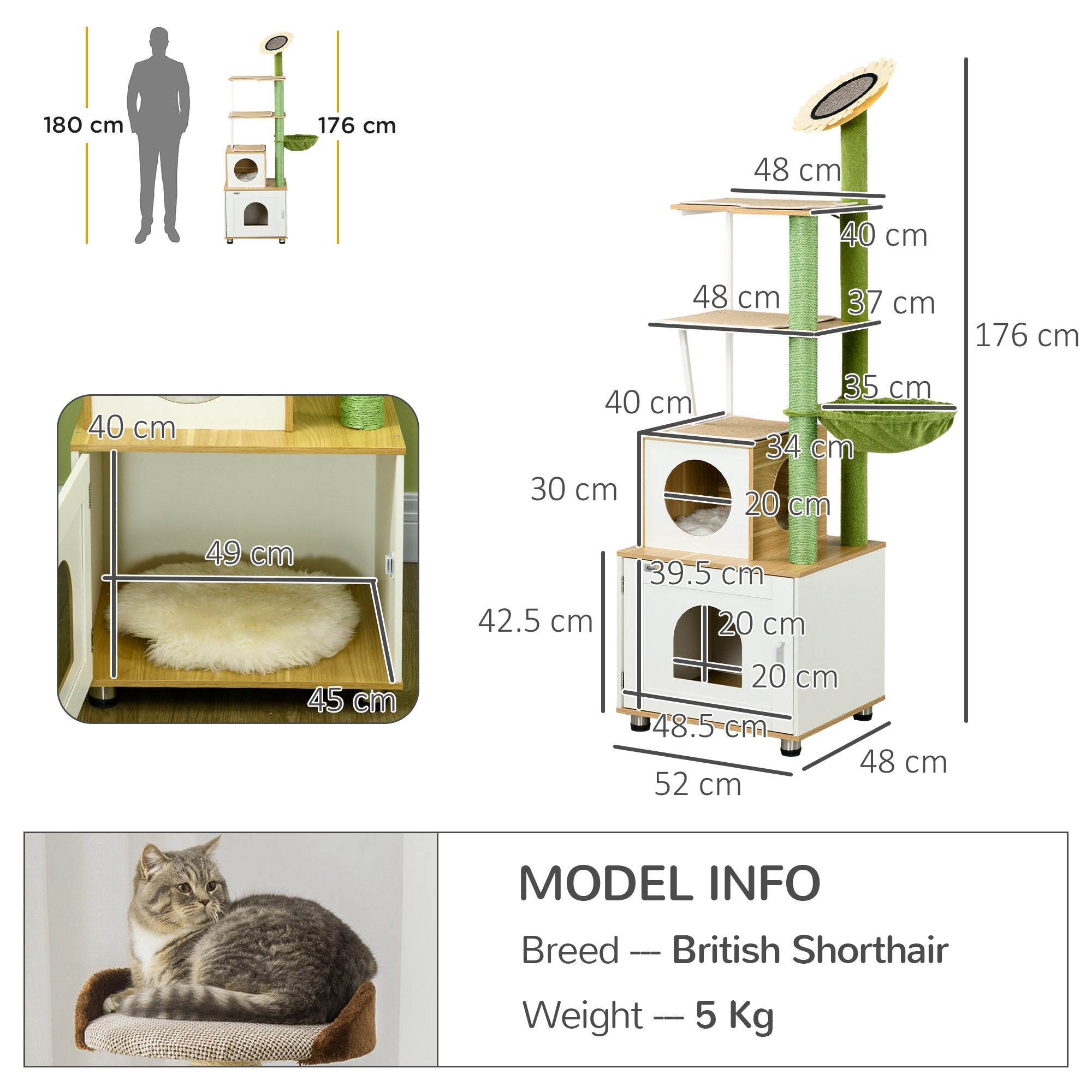 Cat Tree with Cat Litter Box for Indoor Cats, Cat Enclosure with Scratching Post, Cat Condo, Hammock, Platforms, Removable Cushions, Oak-2