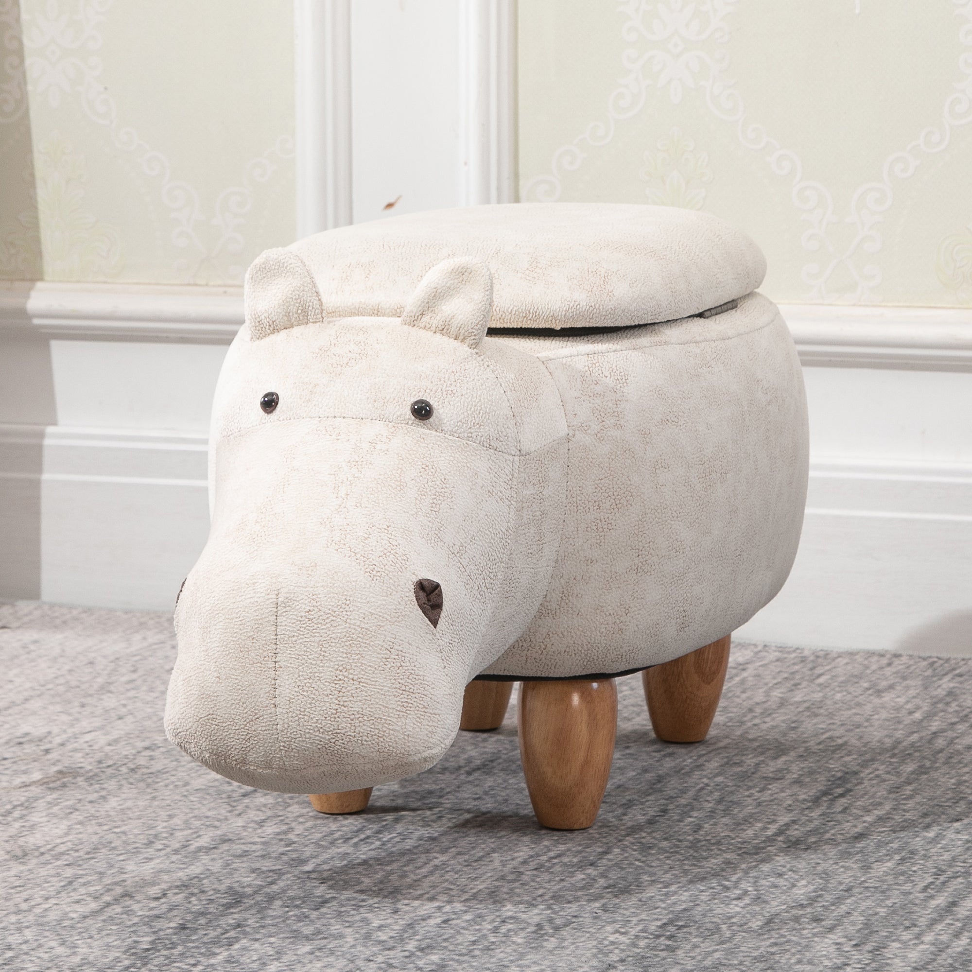 Hippo Storage Stool Cute Decoration Footrest Wood Frame Legs with Padding Lid Ottoman Animal Furniture Cream 36 x 65cm-1