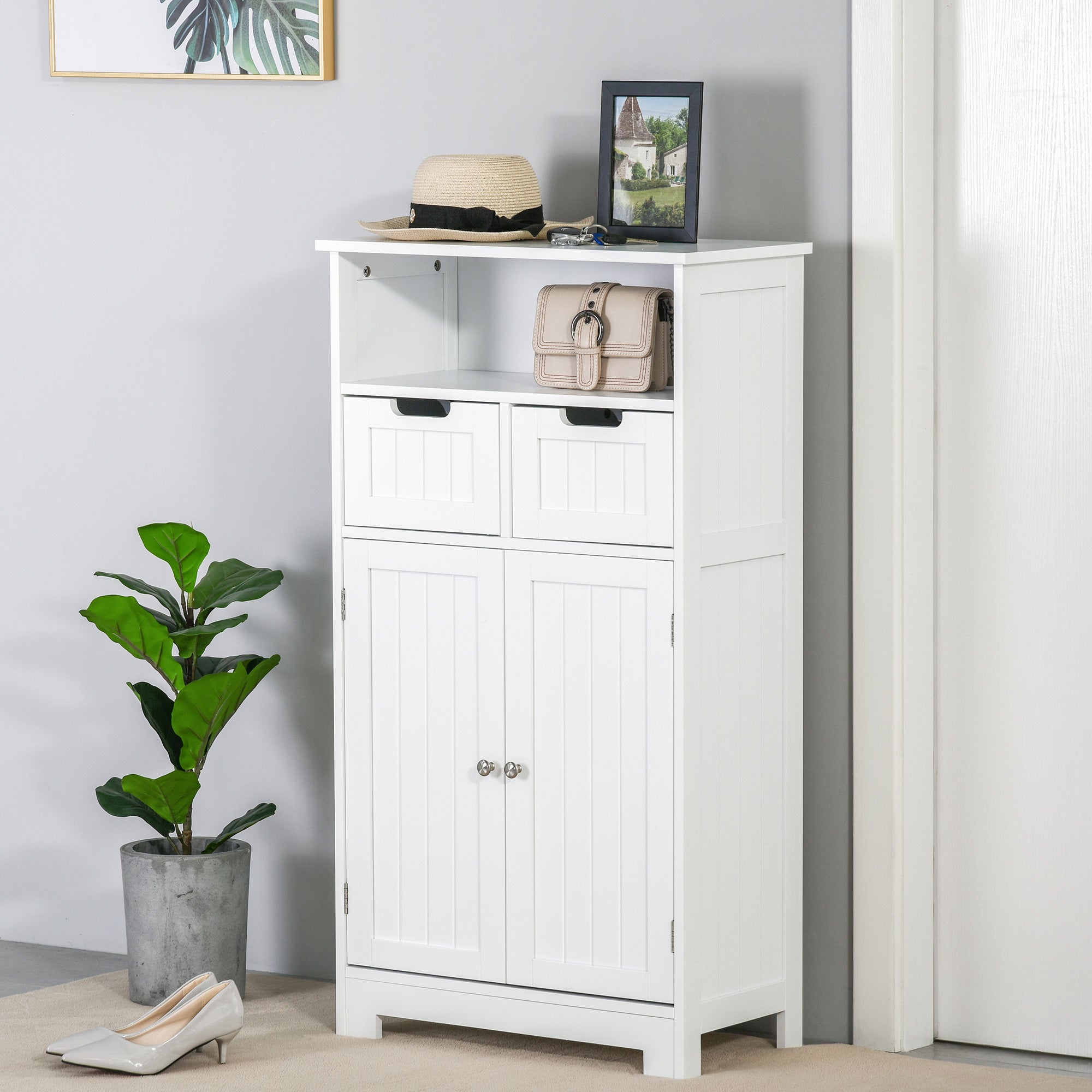 Freestanding Bathroom Cabinet, Narrow Freestanding Unit, Storage Cupboard Organizer with 2 Drawer Adjustable Shelf, White-1