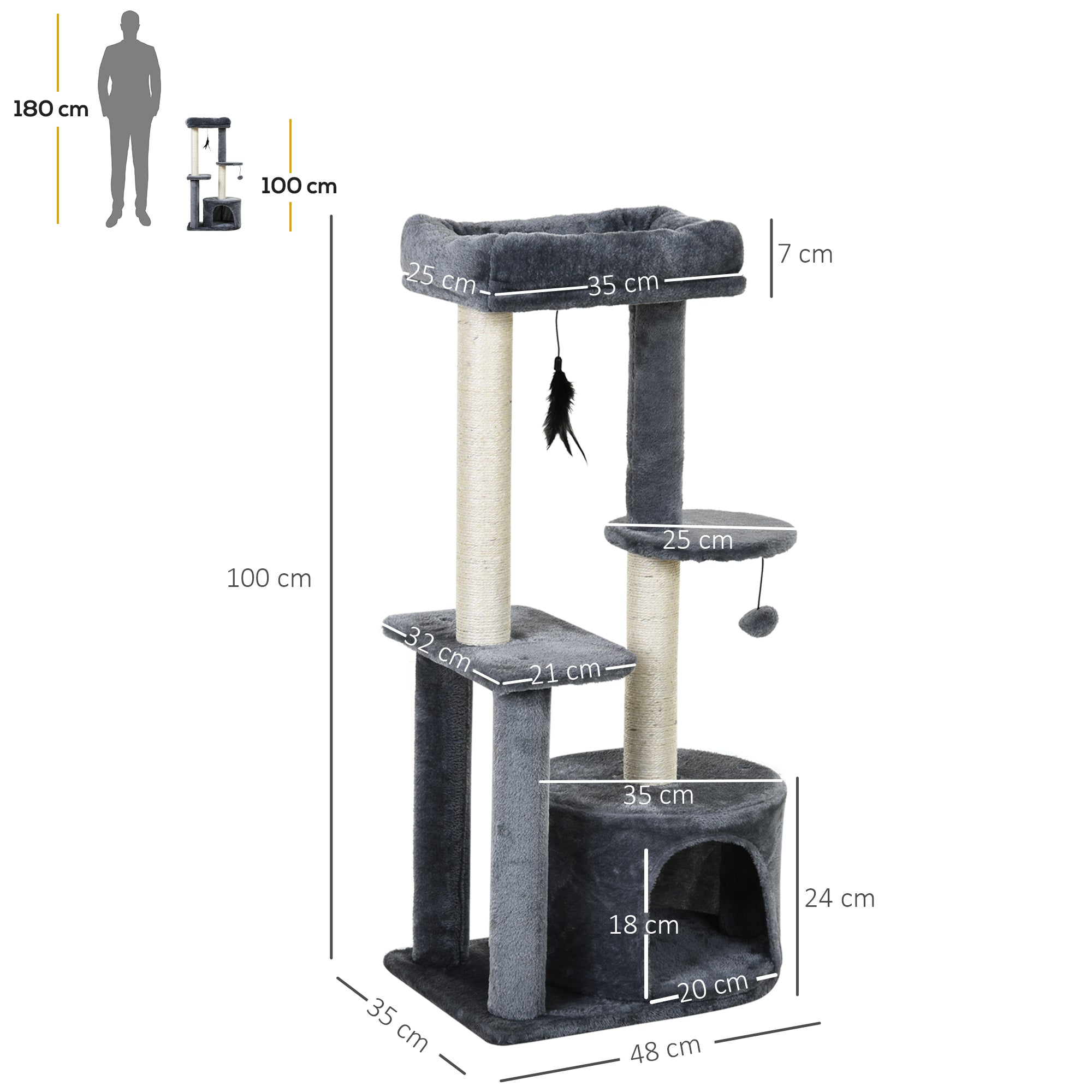 100cm Cat Tree for Indoor Cats, Multi-Activity Cat Tower with Perch House Scratching Post Platform Play Ball Rest Relax, Grey and White-2