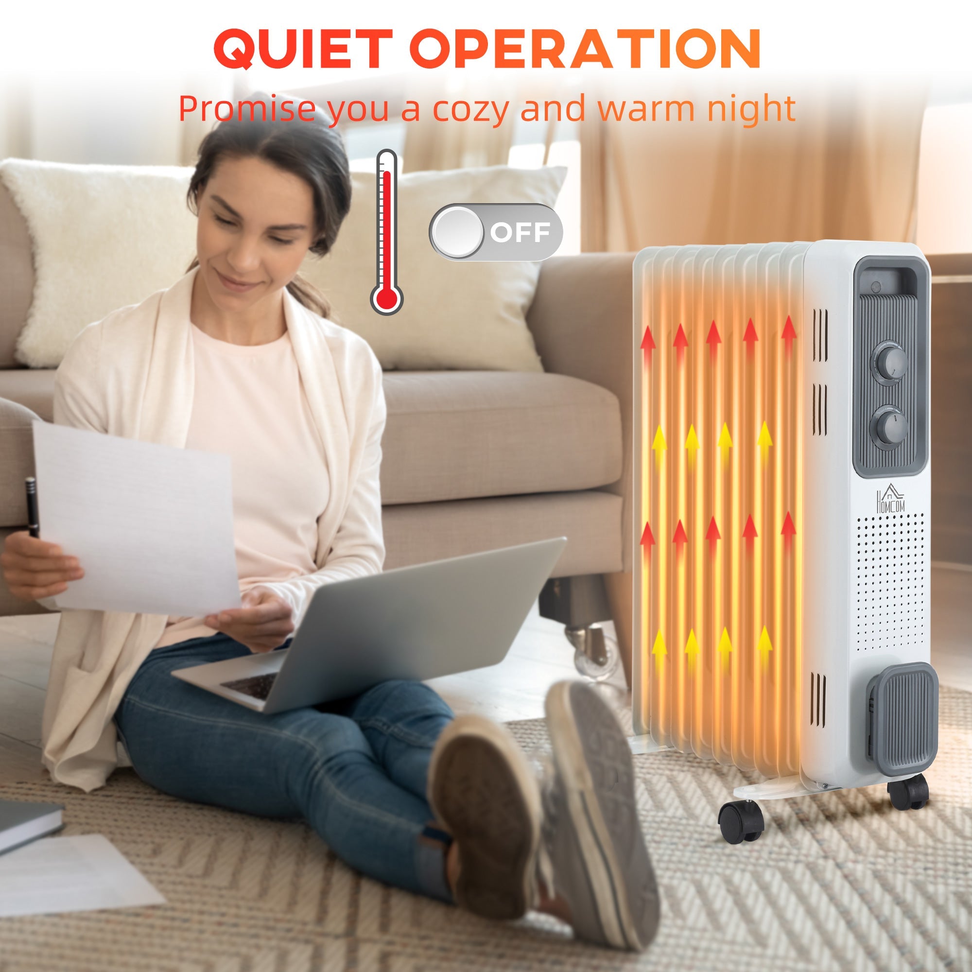 2180W Oil Filled Radiator, Portable Electric Heater, w/ Built-in 24-Hour Timer, 3 Heat Settings, Adjustable Thermostat, Safe Power-Off-3