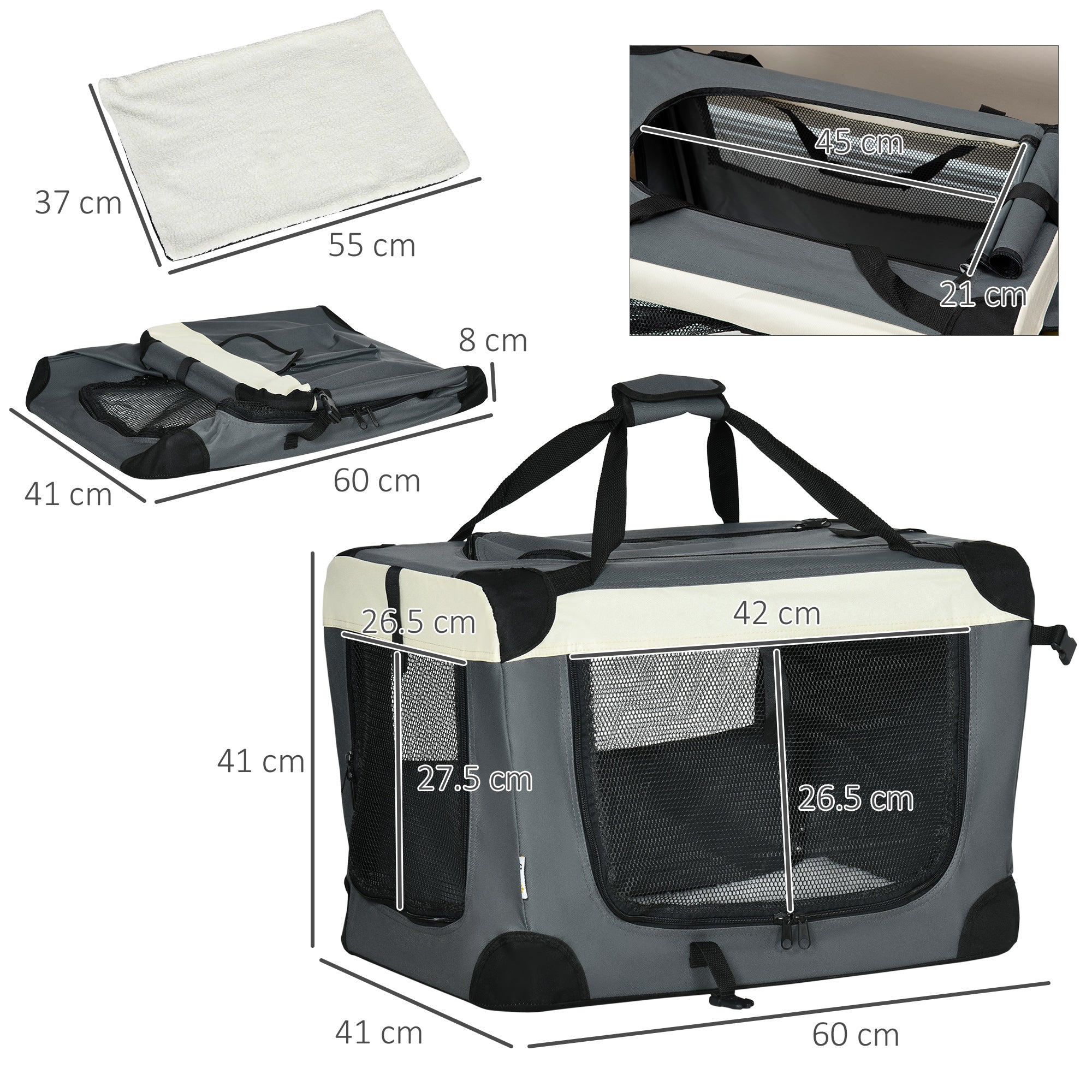 60cm Foldable Pet Carrier, with Cushion, for Miniature Dogs and Cats - Grey-2
