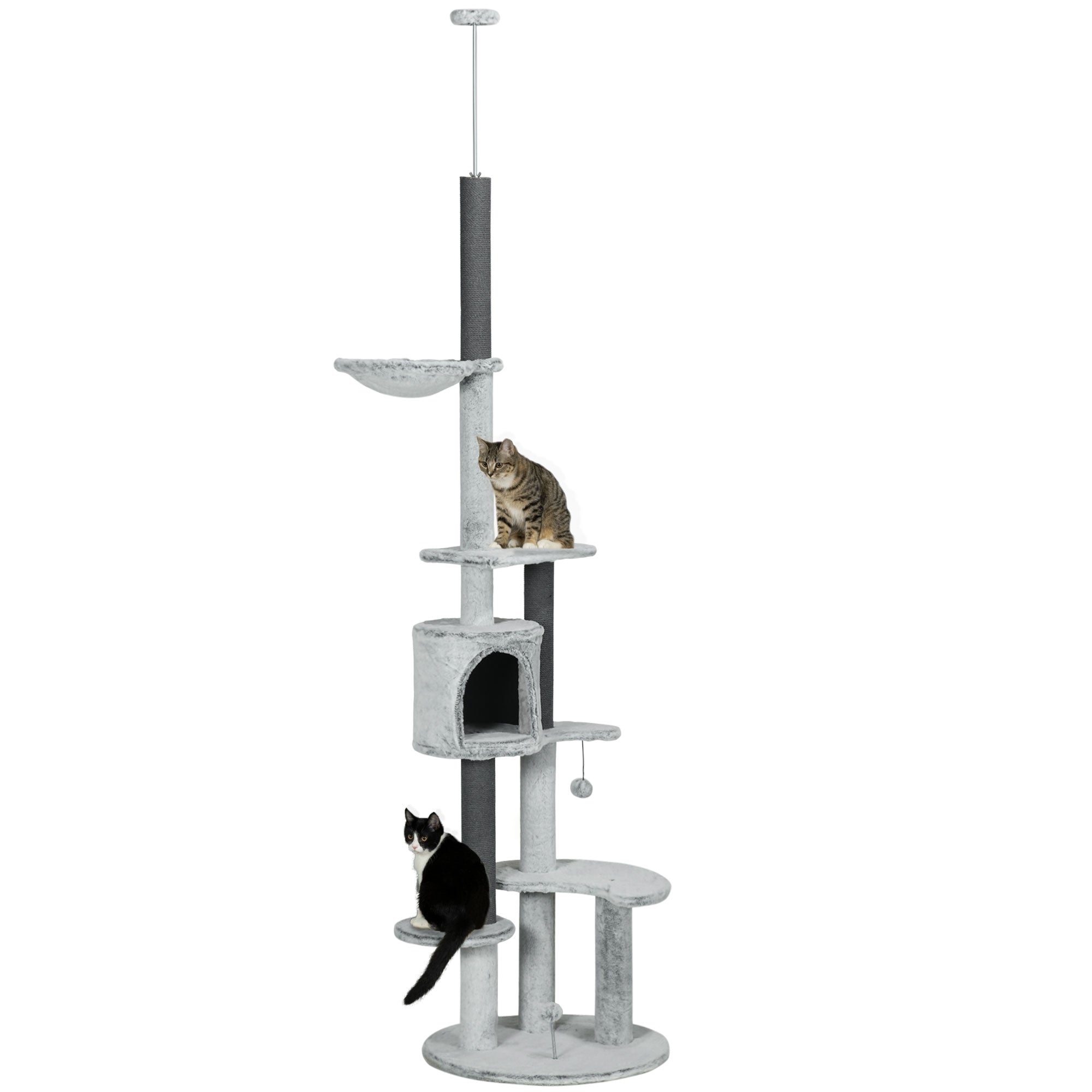 255cm Floor to Ceiling Cat Tree with Scratching Posts, Height Adjustable Cat Tower with Hammock, House, Anti-tipping Kit, Perches, Toys, Grey-0
