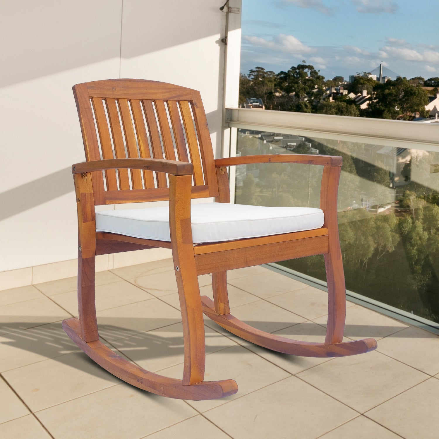 Garden Acacia Wood Rocking Chair Deck Indoor Outdoor Porch Seat Rocker with Cushion-1