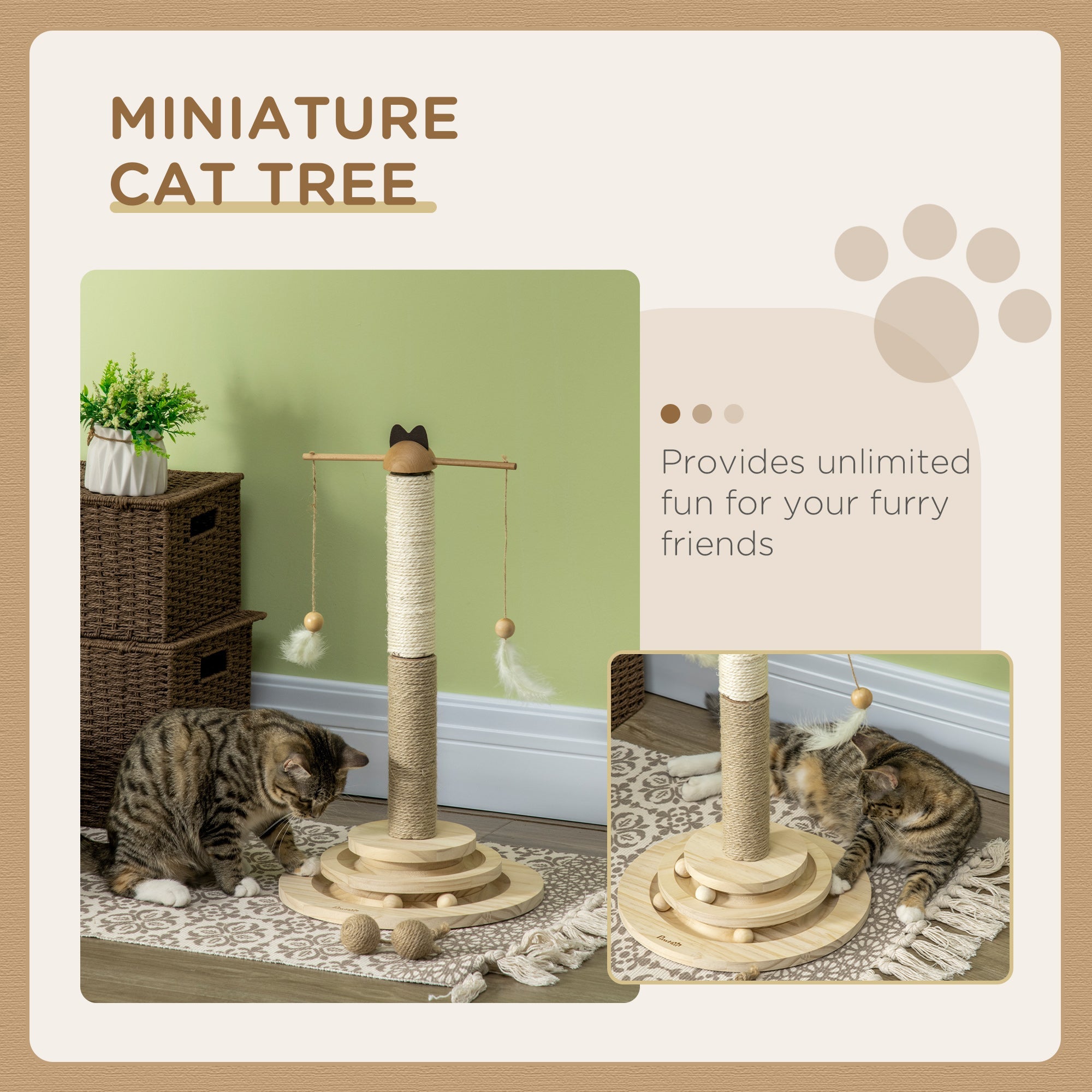 56cm Cat Tree, Kitty Activity Center with Turntable Interactive Ball Toy, Cat Tower with Jute & Sisal Scratching Post, Natural-3