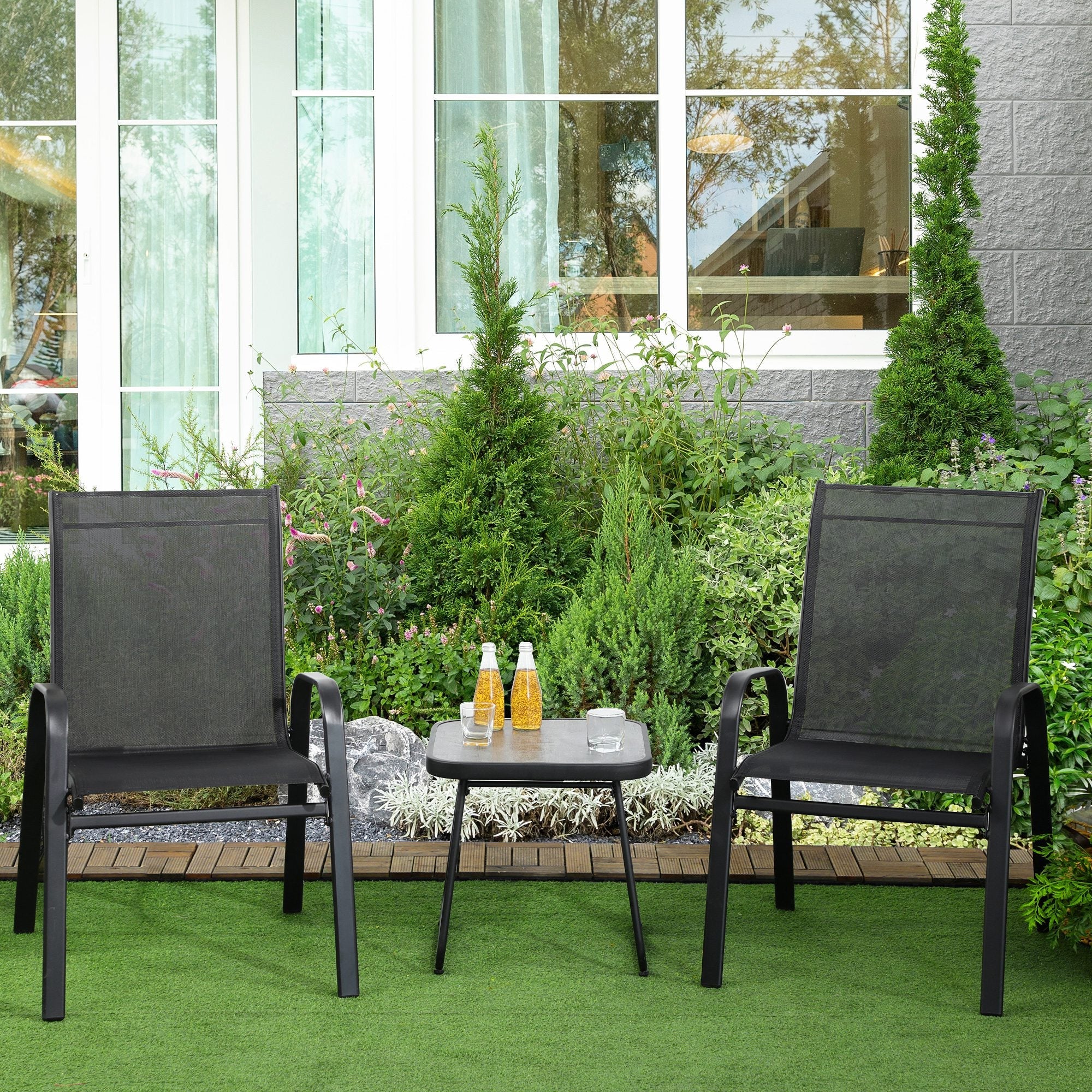 3 Pieces Outdoot Bistro Set, Patio Stackable Armchairs with Breathable Mesh Fabric and PSC Board Coffee Table, Black-1