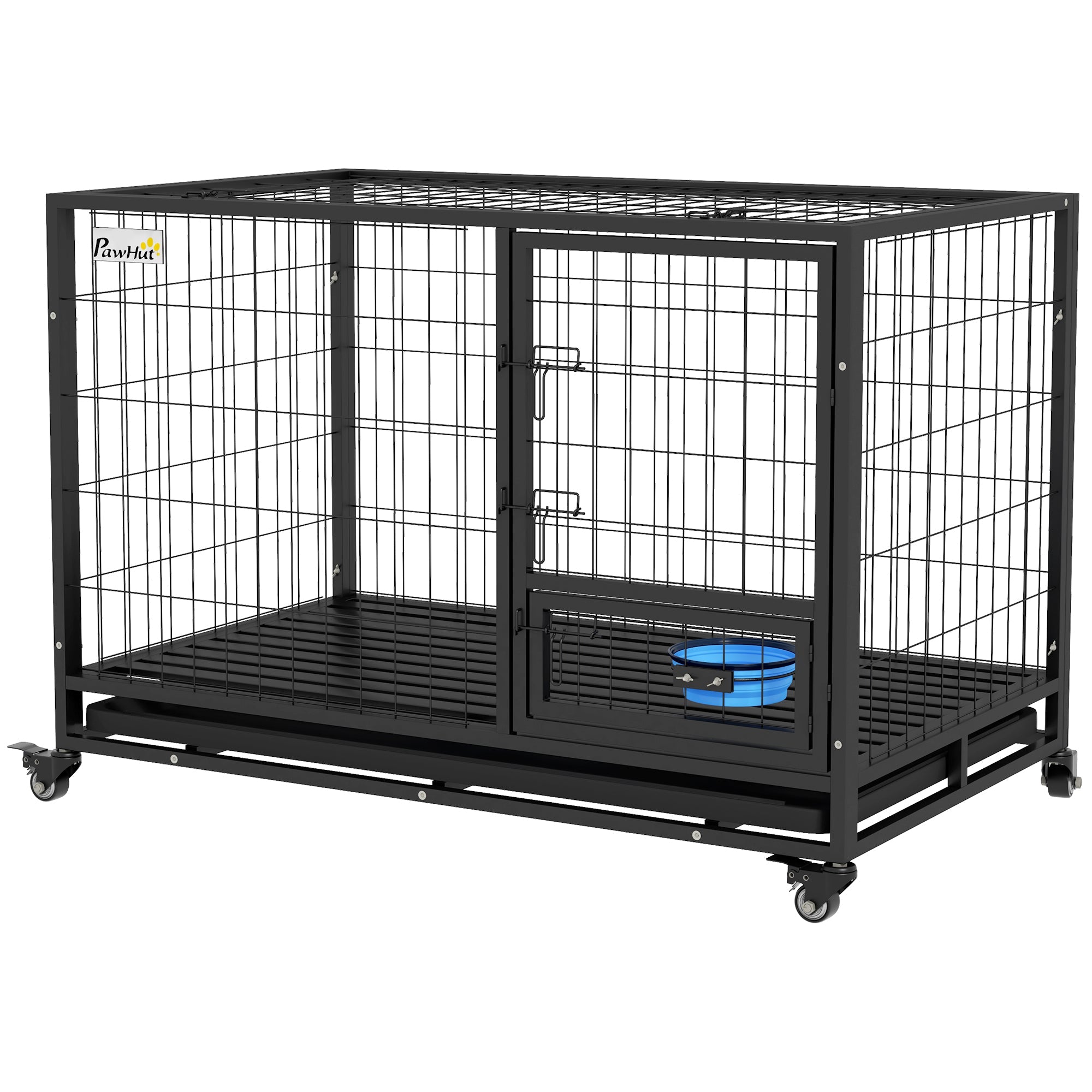 48" Heavy Duty Dog Crate on Wheels w/ Bowl Holder, Removable Tray, Detachable Top, Double Doors for L, XL Dogs-0