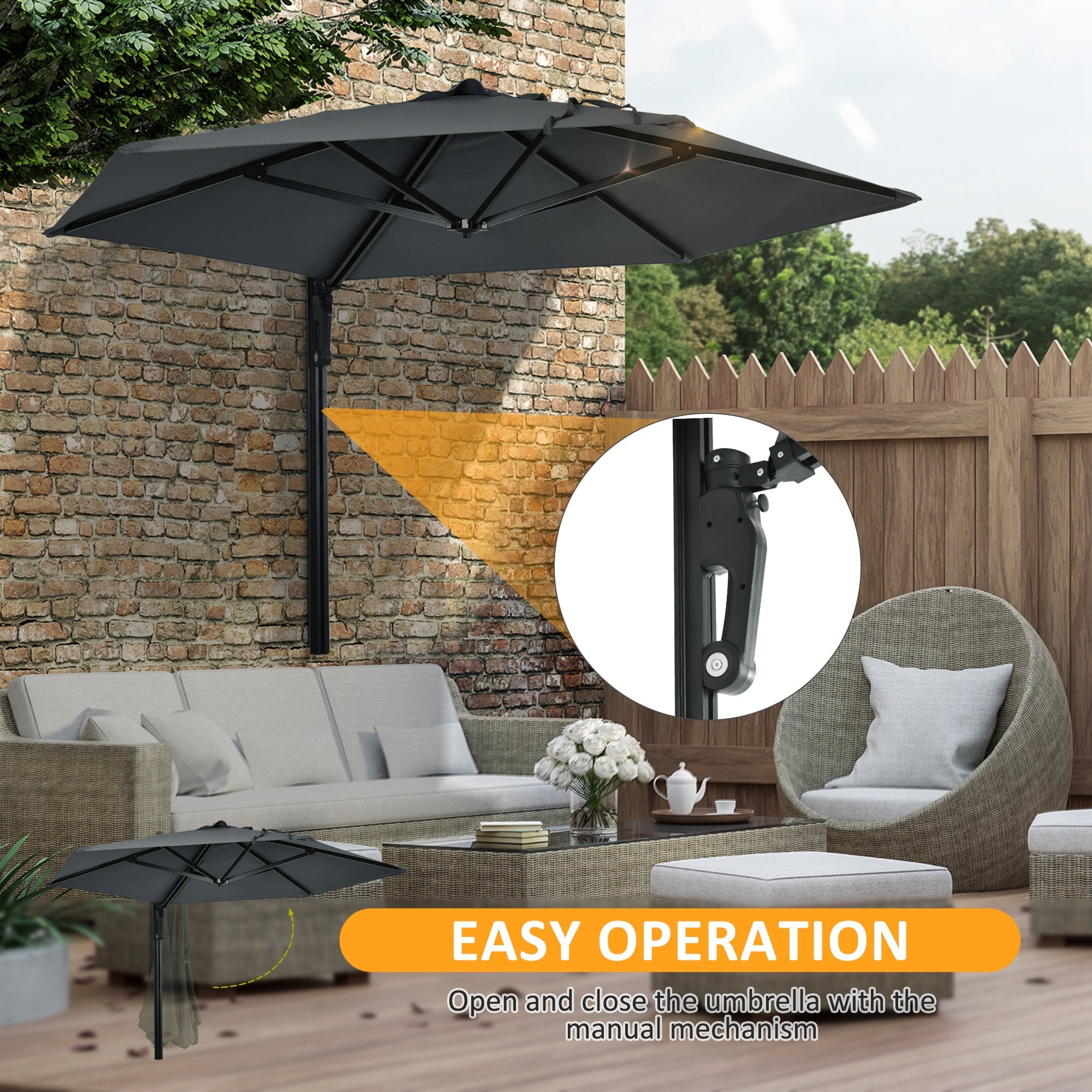 Wall Mounted Parasol, Hand to Push Outdoor Patio Umbrella with 180 Degree Rotatable Canopy for Porch, Deck, Garden, 250 cm, Dark Grey-4