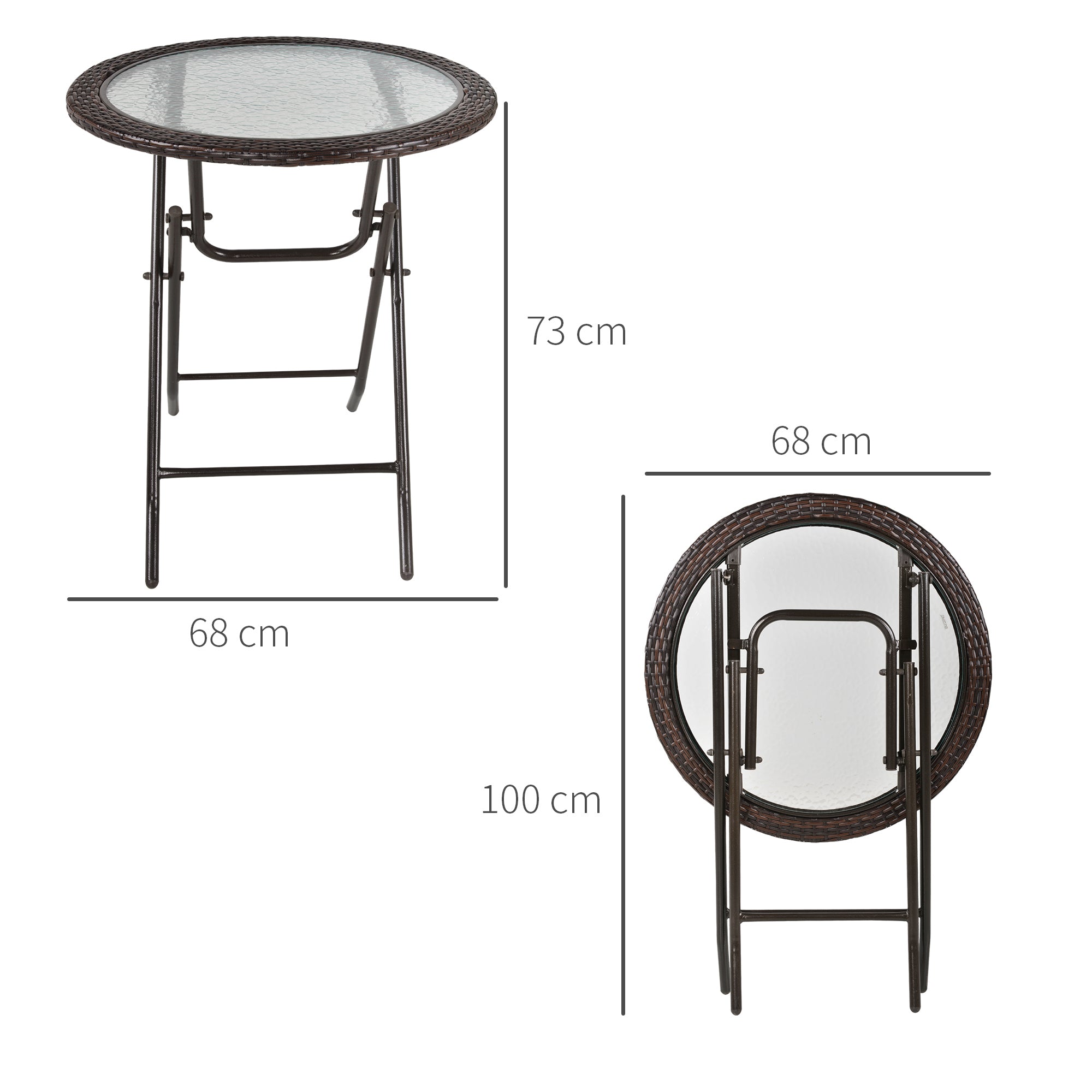 Folding Round Tempered Glass Metal Table with Brown Rattan Edging-2