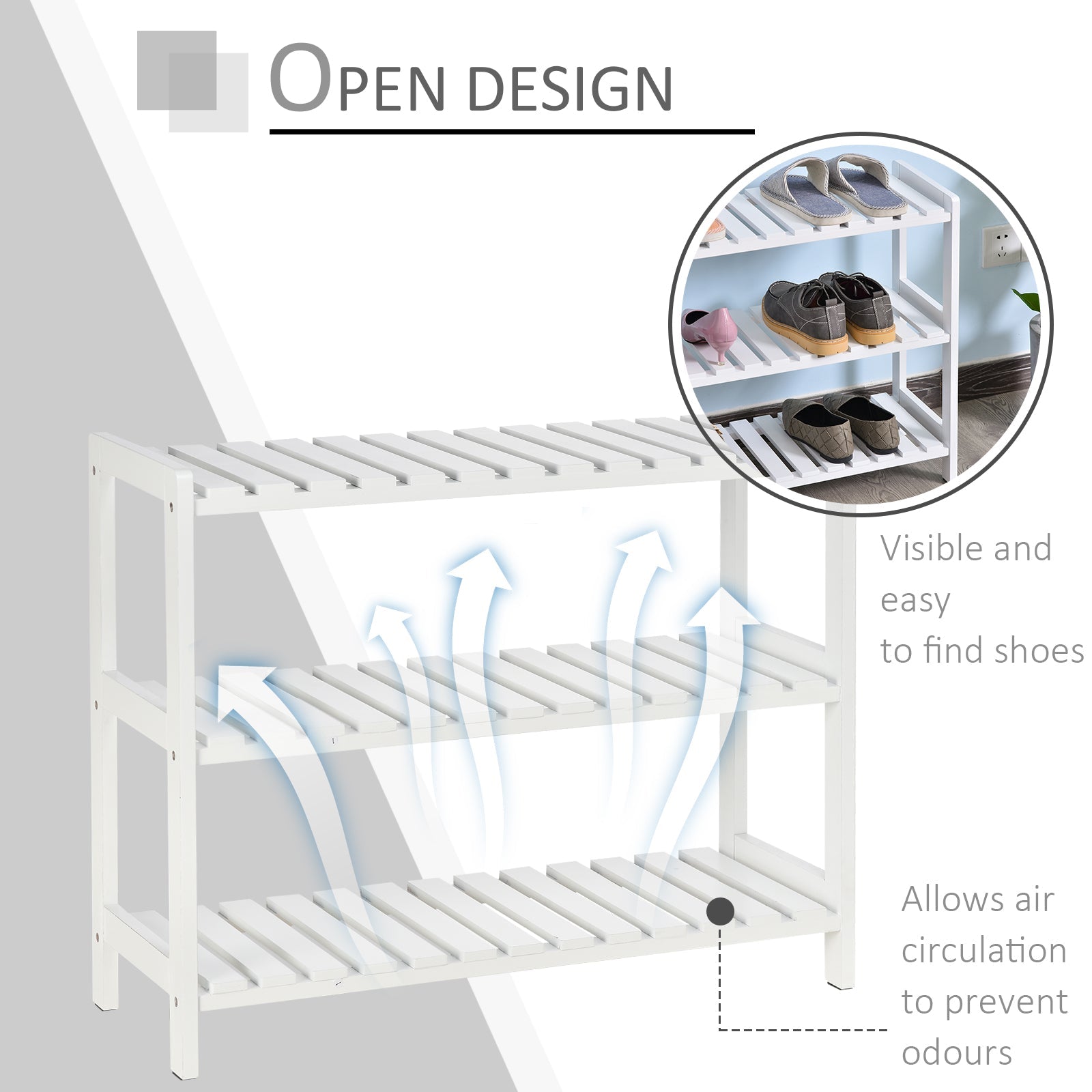 3-Tier Shoe Rack Wood Frame Slatted Shelves Spacious Open Hygienic Storage Home Hallway Furniture Family Guests 70L x 26W x 57.5H cm - White-3