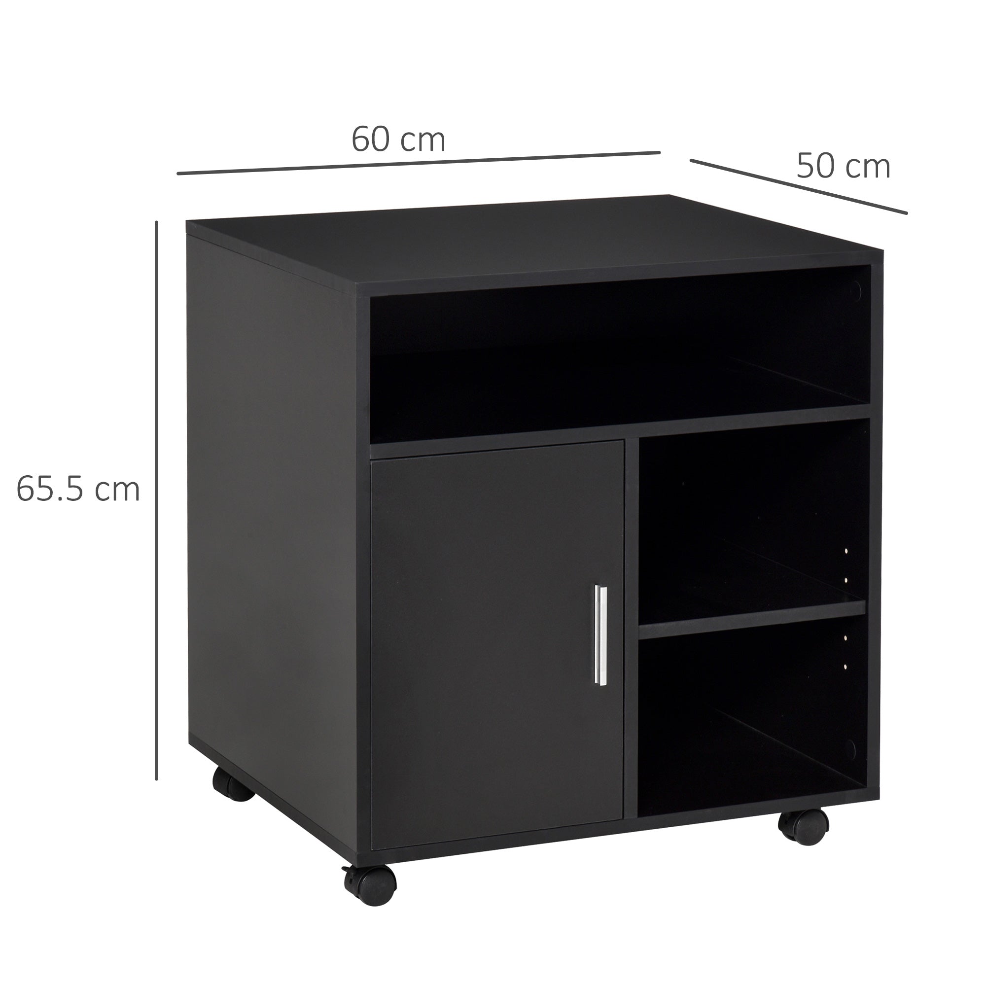 Multi-Storage Printer Stand Unit Office Desk Side Mobile Storage w/ Wheels Modern Style 60L x 50W x 65.5H cm - Black-2