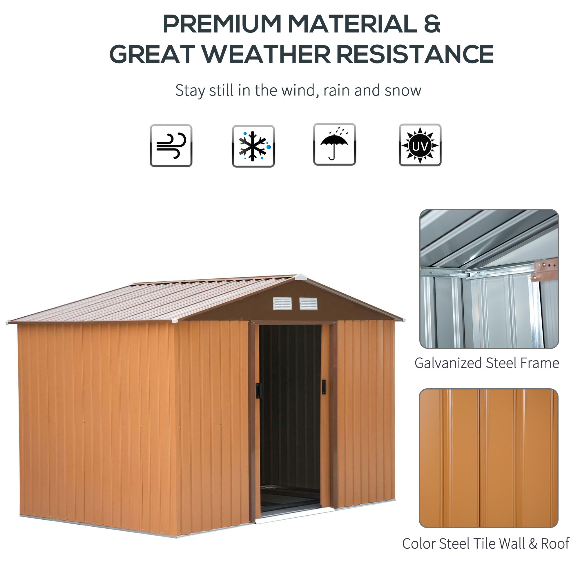 9 x 6FT Garden Metal Storage Shed Outdoor Storage Shed with Foundation Ventilation & Doors, Yellow-4